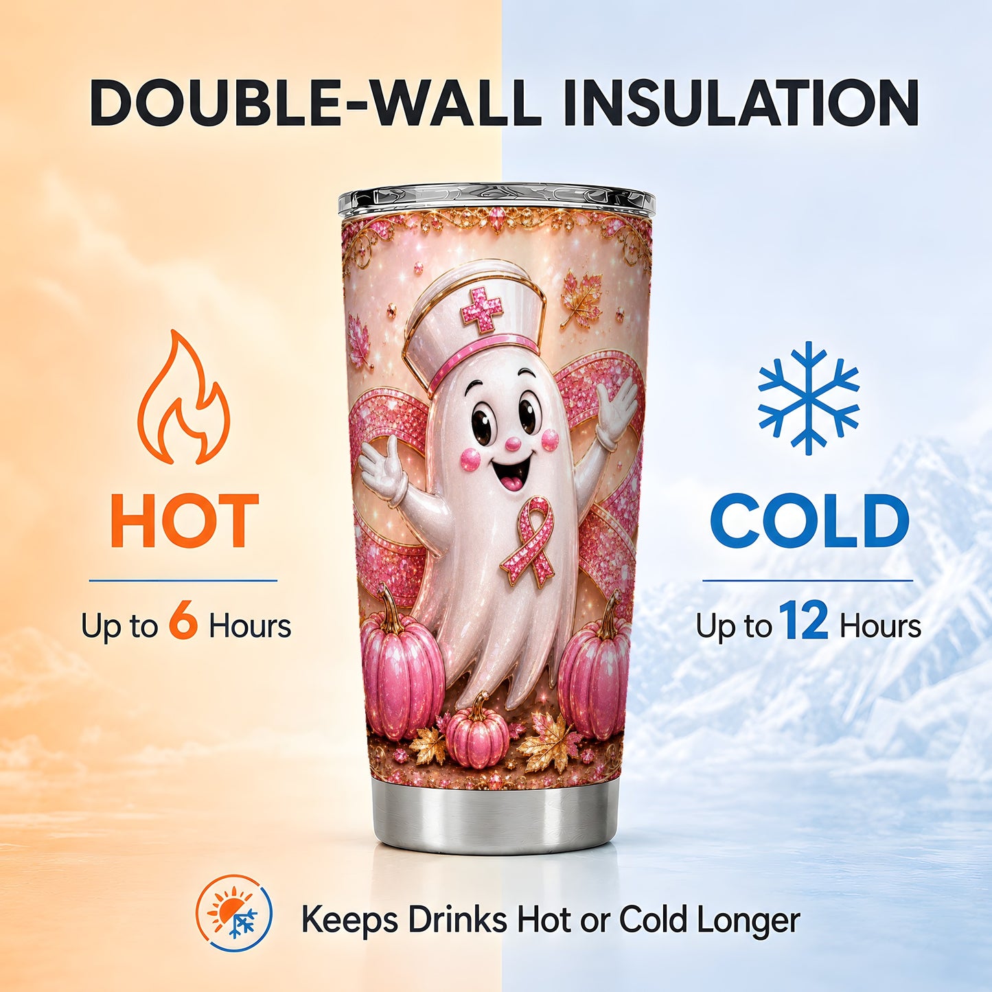 #pl[Steel] Nurse Ghost Tumbler 20oz, Pink Ribbon Tumbler, Stainless Steel Travel Cup