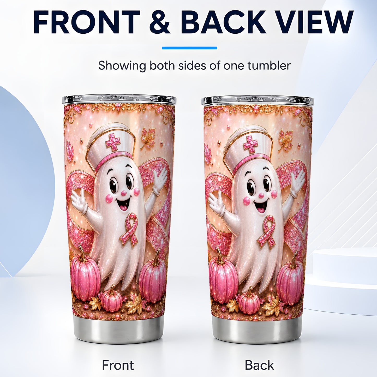 #pl[Steel] Nurse Ghost Tumbler 20oz, Pink Ribbon Tumbler, Stainless Steel Travel Cup