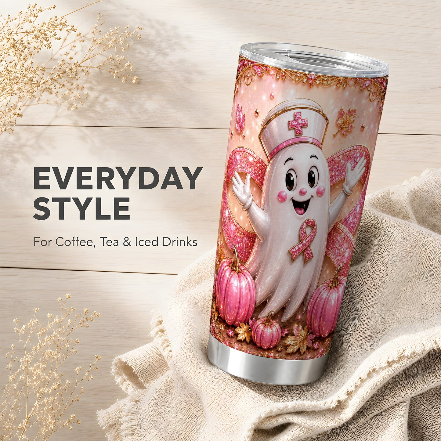#pl[Steel] Nurse Ghost Tumbler 20oz, Pink Ribbon Tumbler, Stainless Steel Travel Cup