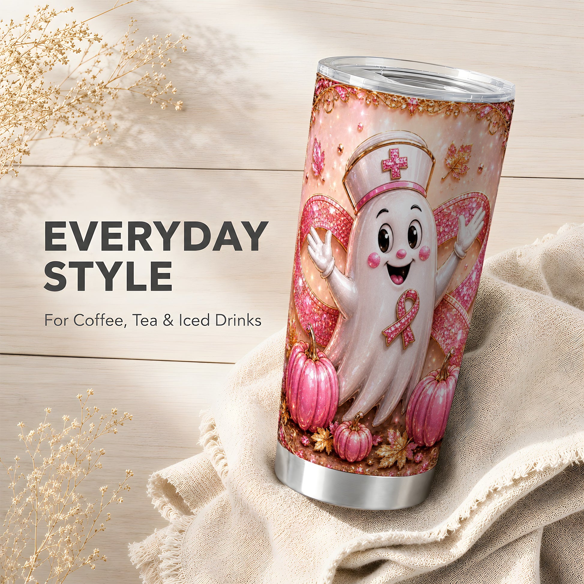 #pl[Steel] Nurse Ghost Tumbler 20oz, Pink Ribbon Tumbler, Stainless Steel Travel Cup