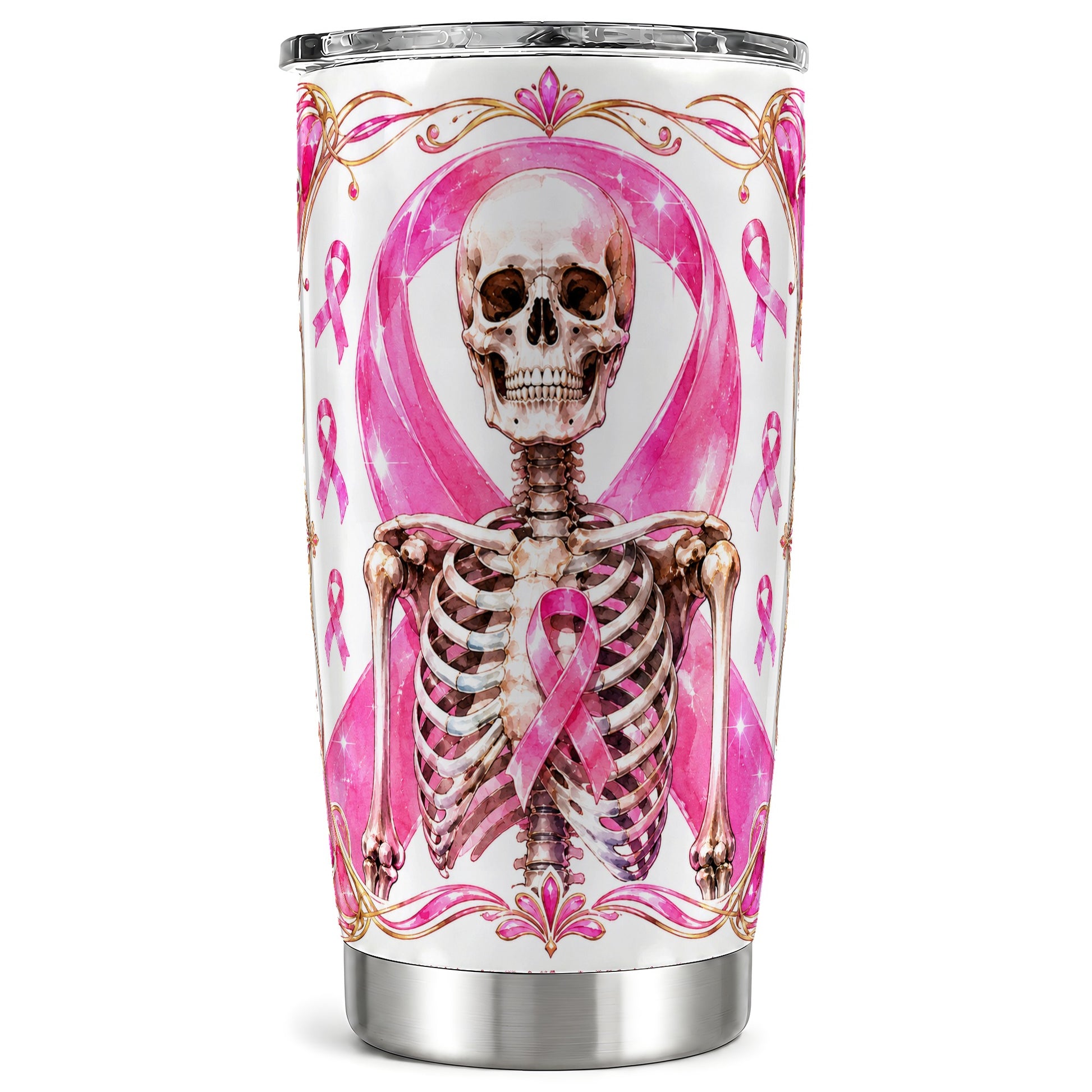 #pl[Steel] Skeleton Tumbler 20oz, Pink Ribbon Tumbler, Stainless Steel Travel Cup