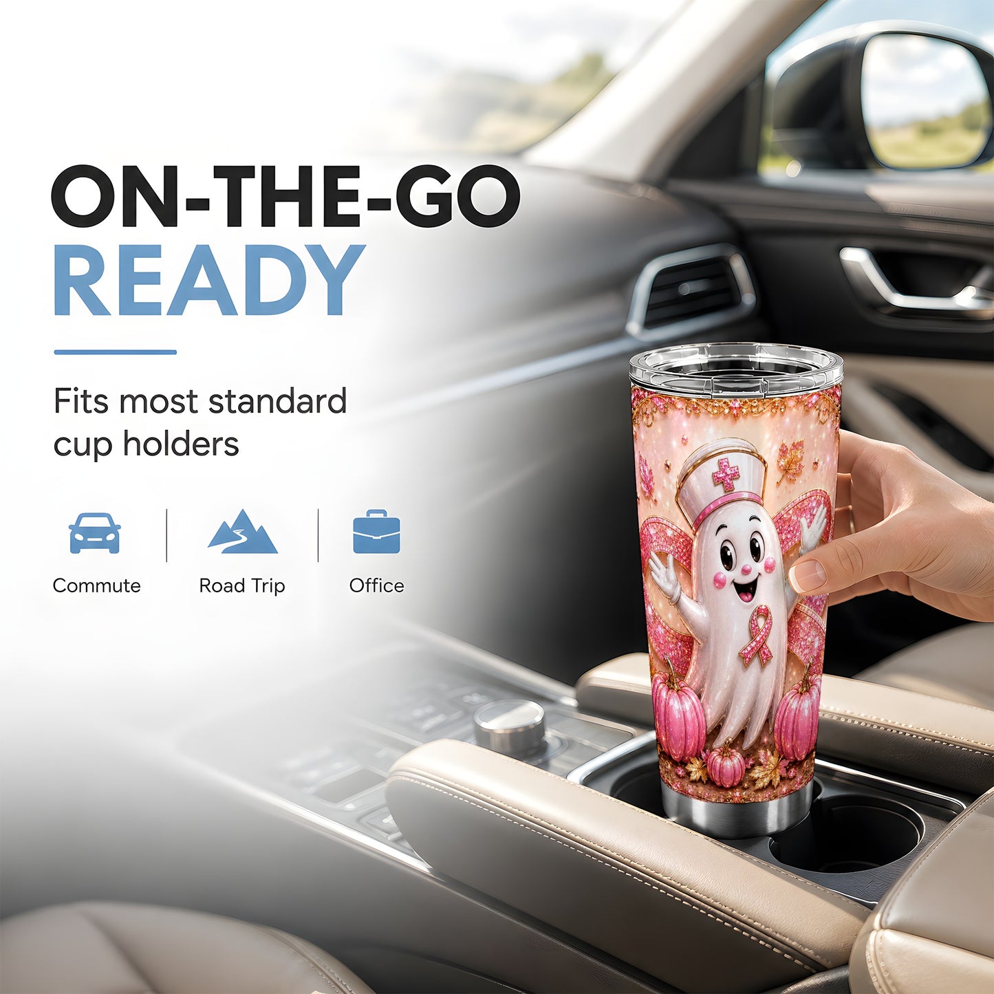 #pl[Steel] Nurse Ghost Tumbler 20oz, Pink Ribbon Tumbler, Stainless Steel Travel Cup