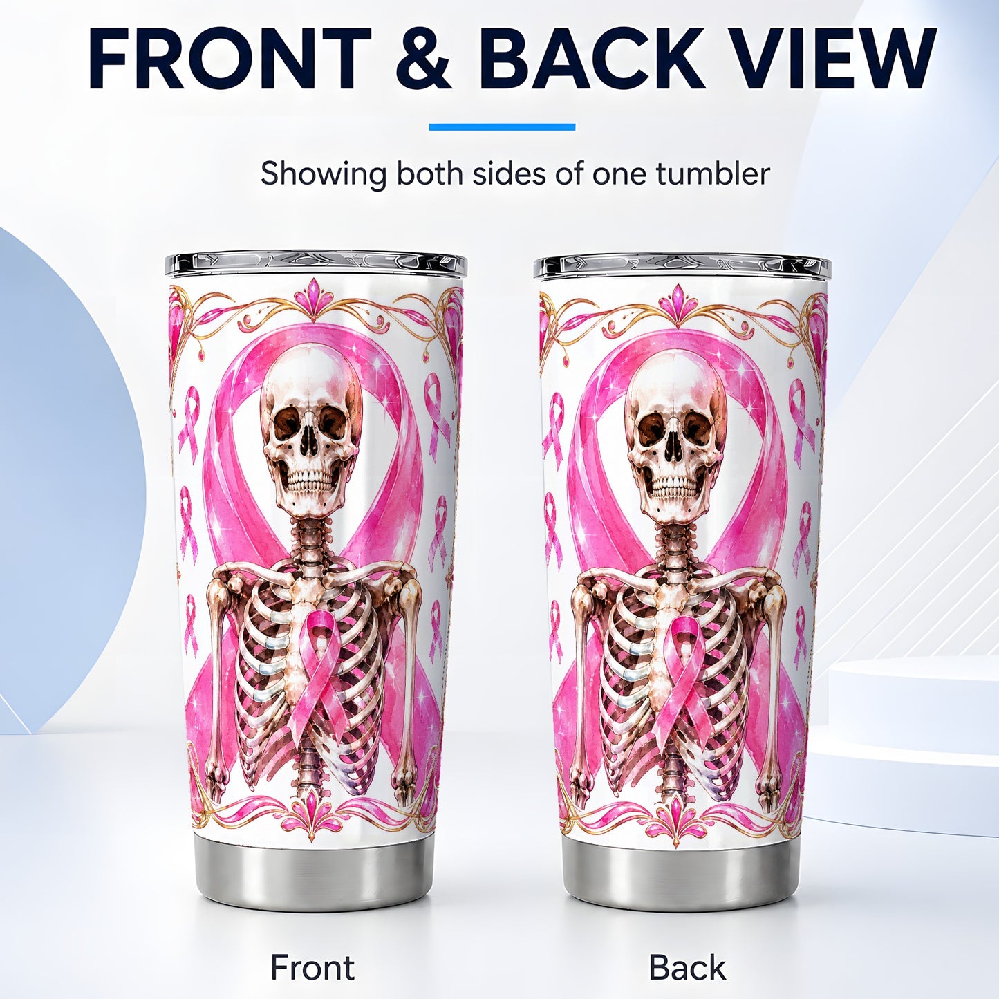#pl[Steel] Skeleton Tumbler 20oz, Pink Ribbon Tumbler, Stainless Steel Travel Cup