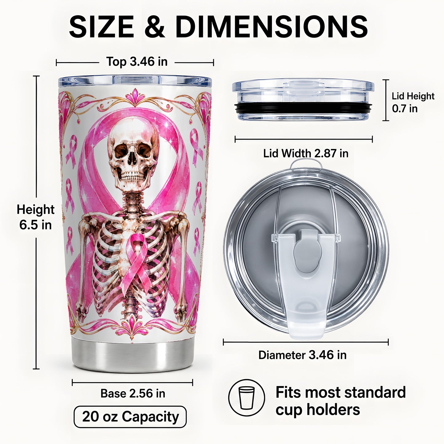 #pl[Steel] Skeleton Tumbler 20oz, Pink Ribbon Tumbler, Stainless Steel Travel Cup