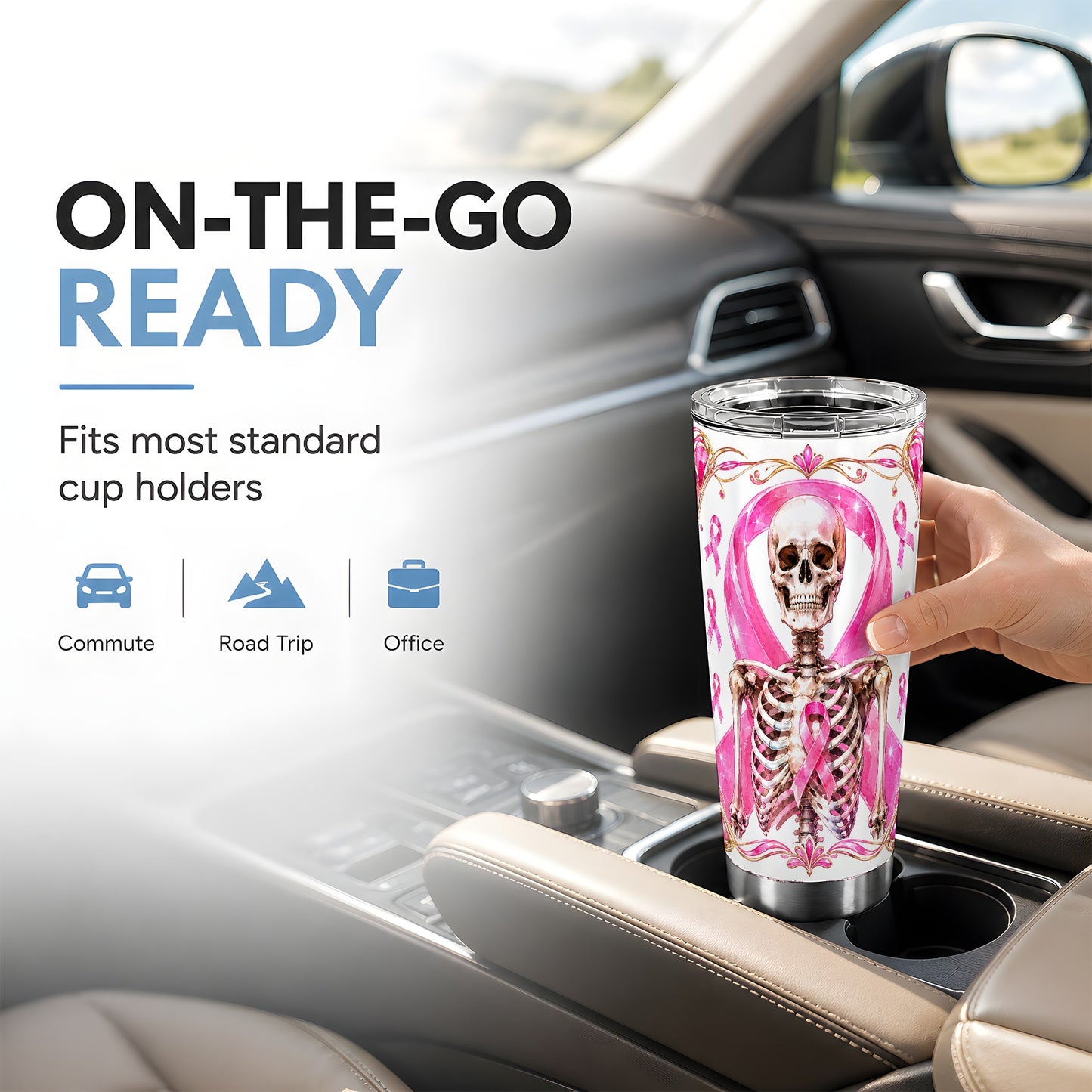 #pl[Steel] Skeleton Tumbler 20oz, Pink Ribbon Tumbler, Stainless Steel Travel Cup