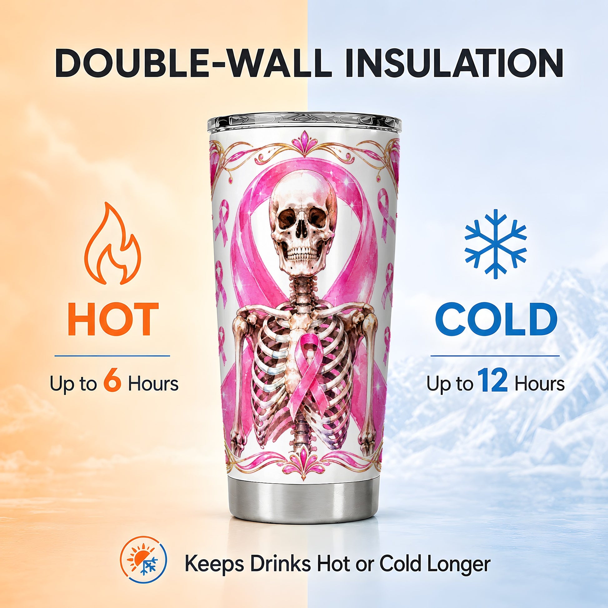 #pl[Steel] Skeleton Tumbler 20oz, Pink Ribbon Tumbler, Stainless Steel Travel Cup