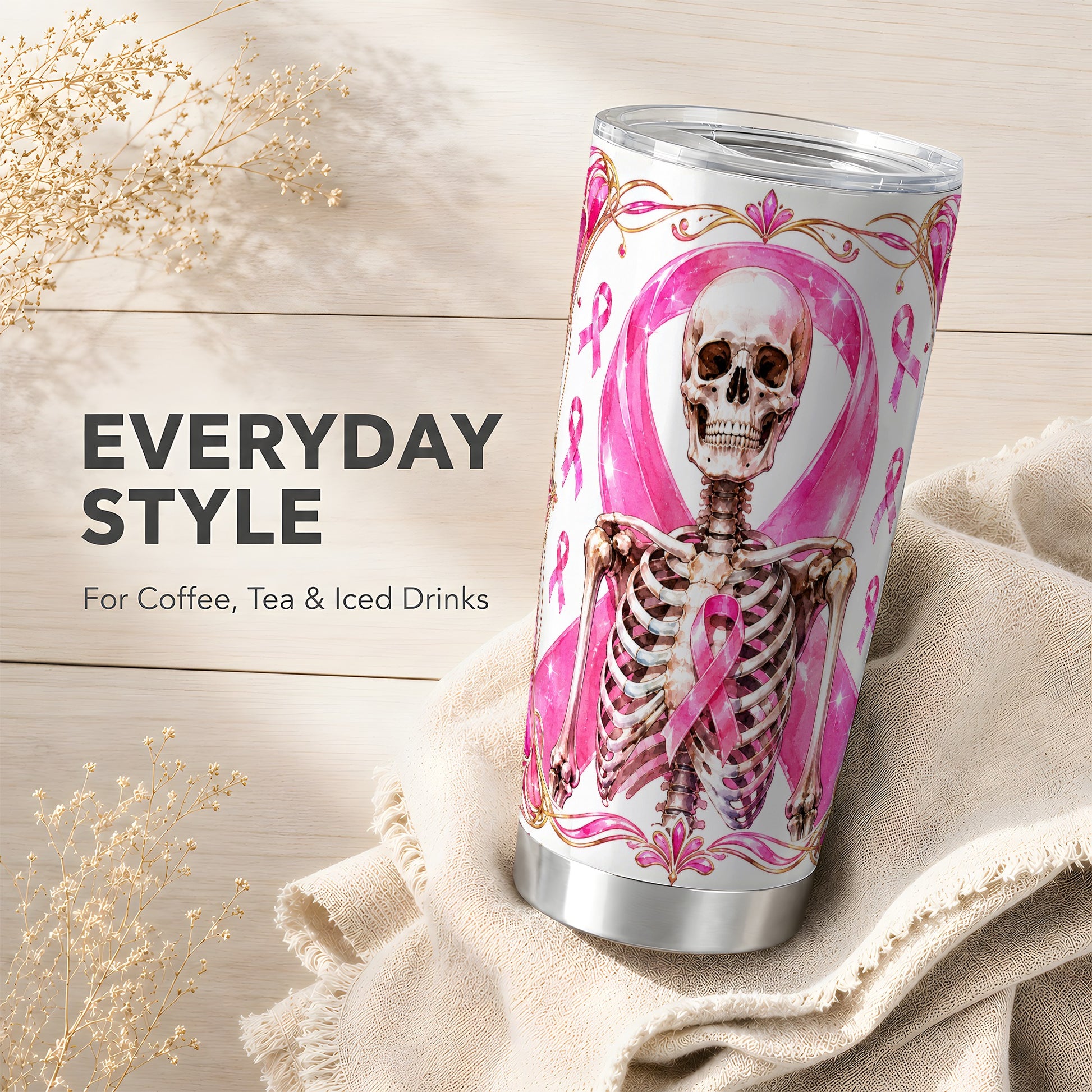 #pl[Steel] Skeleton Tumbler 20oz, Pink Ribbon Tumbler, Stainless Steel Travel Cup