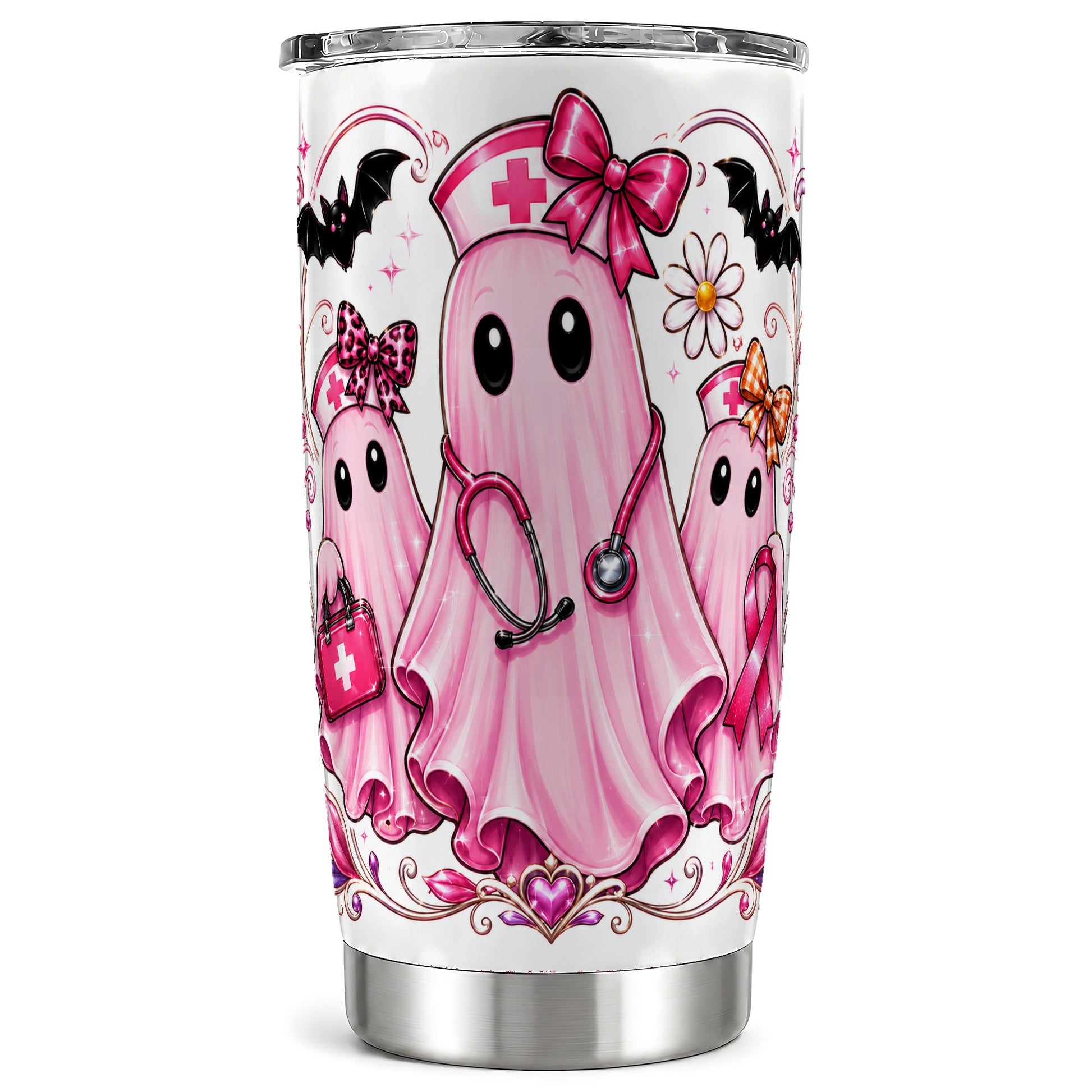 #pl[Steel] Nurse Ghost Trio Tumbler 20oz, Ribbon Tumbler, Stainless Steel Travel Cup