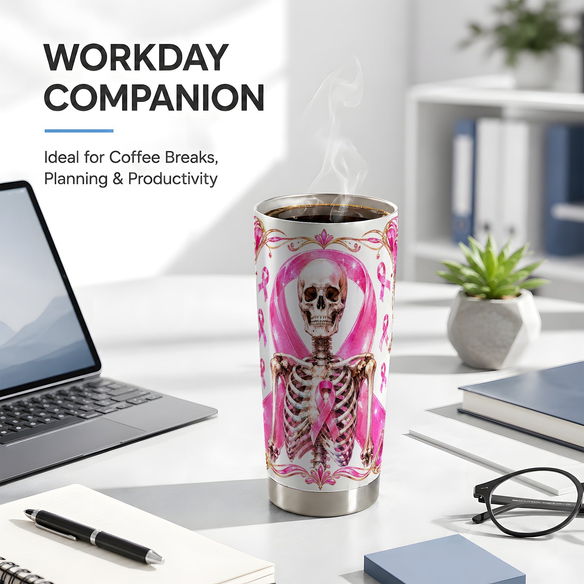 #pl[Steel] Skeleton Tumbler 20oz, Pink Ribbon Tumbler, Stainless Steel Travel Cup