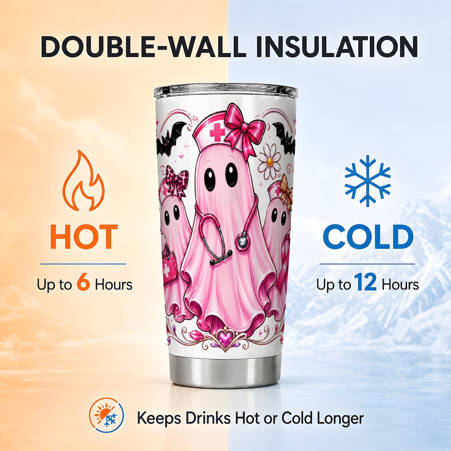#pl[Steel] Nurse Ghost Trio Tumbler 20oz, Ribbon Tumbler, Stainless Steel Travel Cup