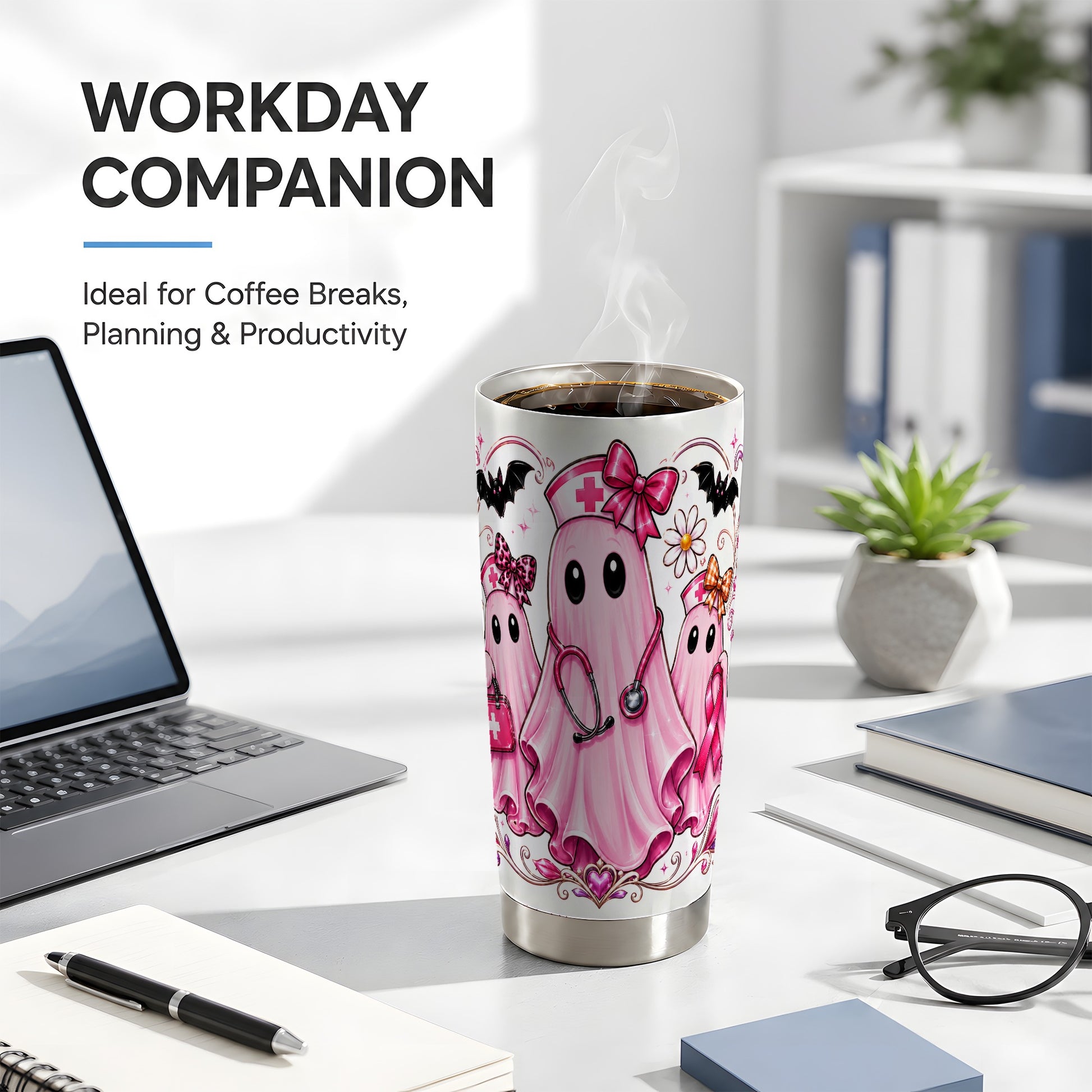 #pl[Steel] Nurse Ghost Trio Tumbler 20oz, Ribbon Tumbler, Stainless Steel Travel Cup