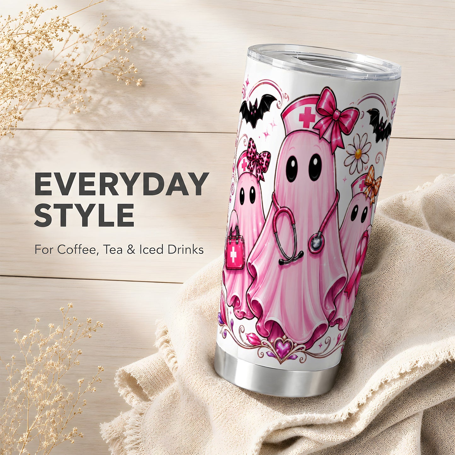 #pl[Steel] Nurse Ghost Trio Tumbler 20oz, Ribbon Tumbler, Stainless Steel Travel Cup