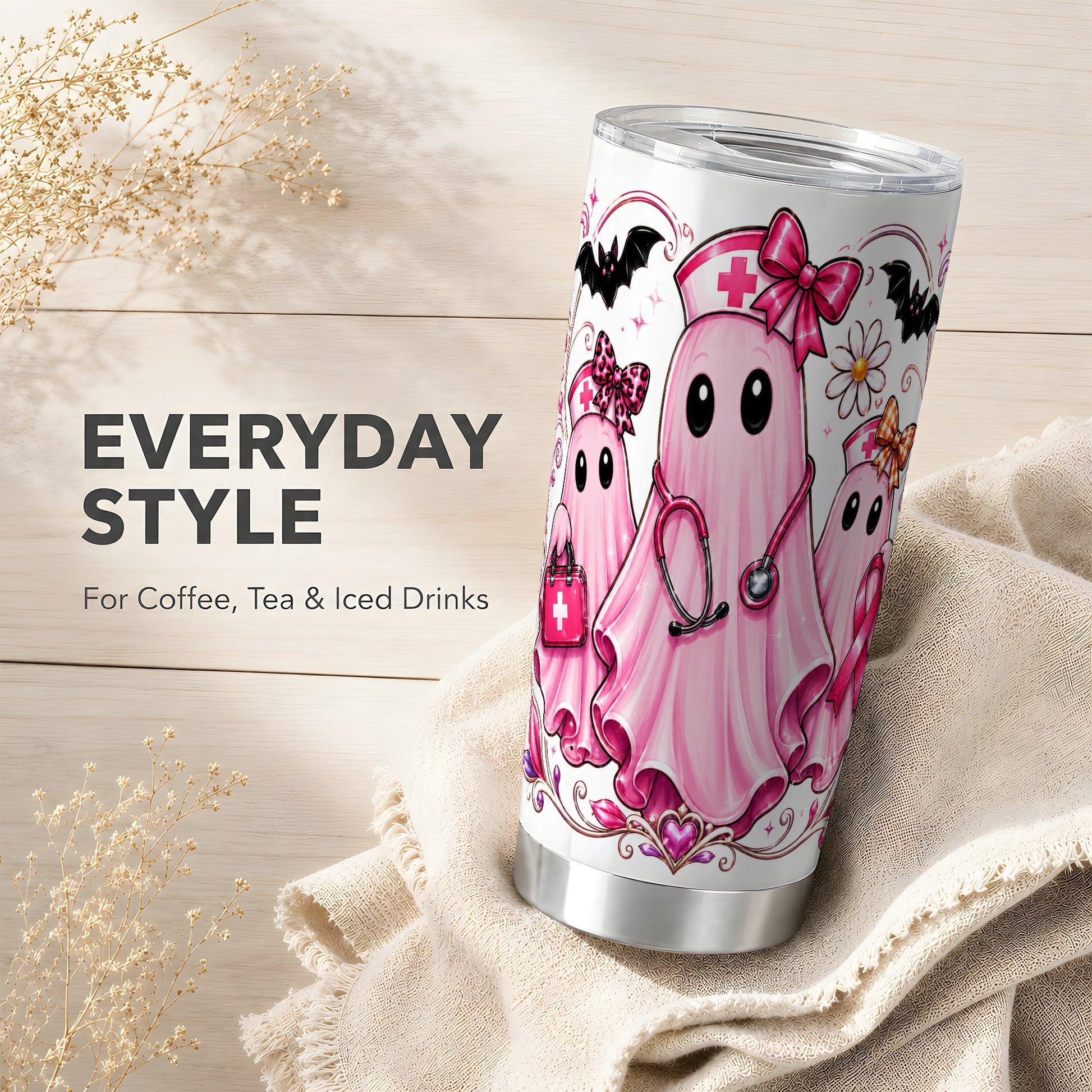 #pl[Steel] Nurse Ghost Trio Tumbler 20oz, Ribbon Tumbler, Stainless Steel Travel Cup