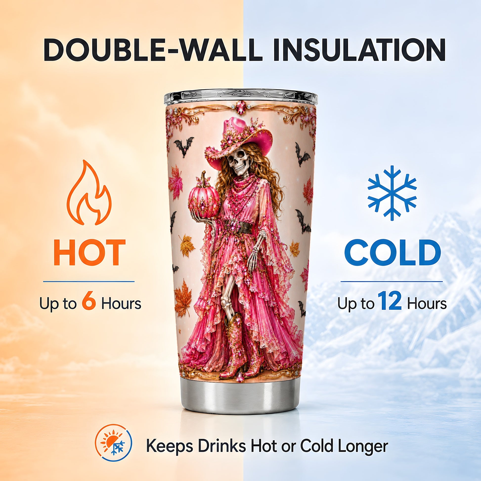 #pl[Steel] Cowgirl Skeleton Tumbler 20oz, Western Tumbler, Stainless Steel Travel Cup