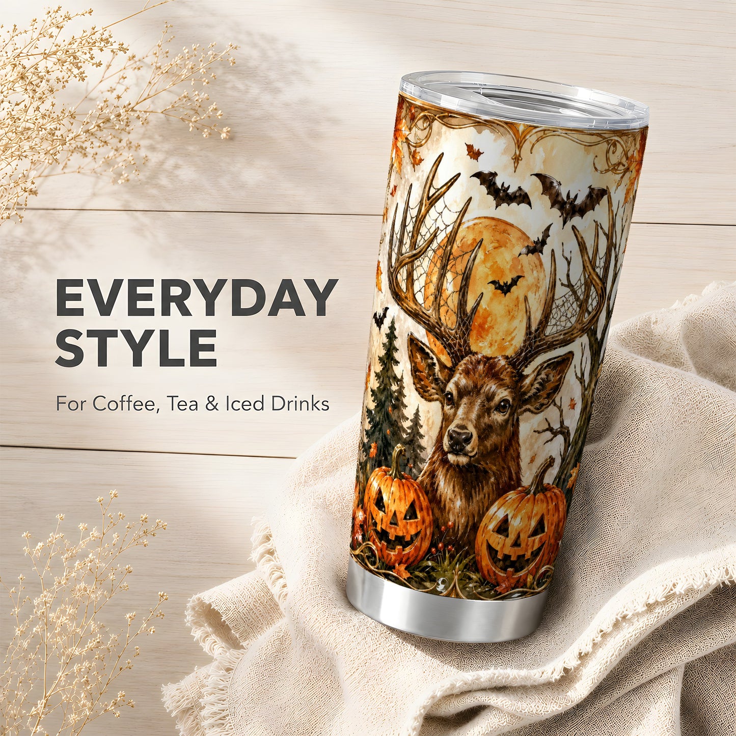 #pl[Steel] Halloween Deer 20oz Tumbler, Autumn Stag Stainless Steel Travel Cup