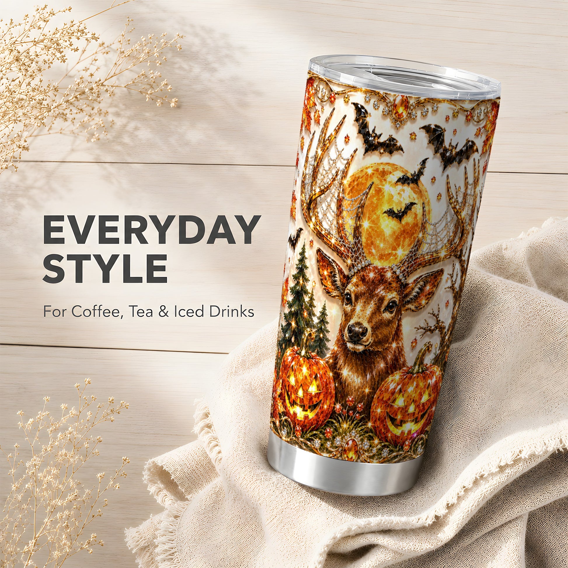 #pl[Steel] Jeweled Deer 20oz Tumbler, Halloween Stag Stainless Steel Travel Cup