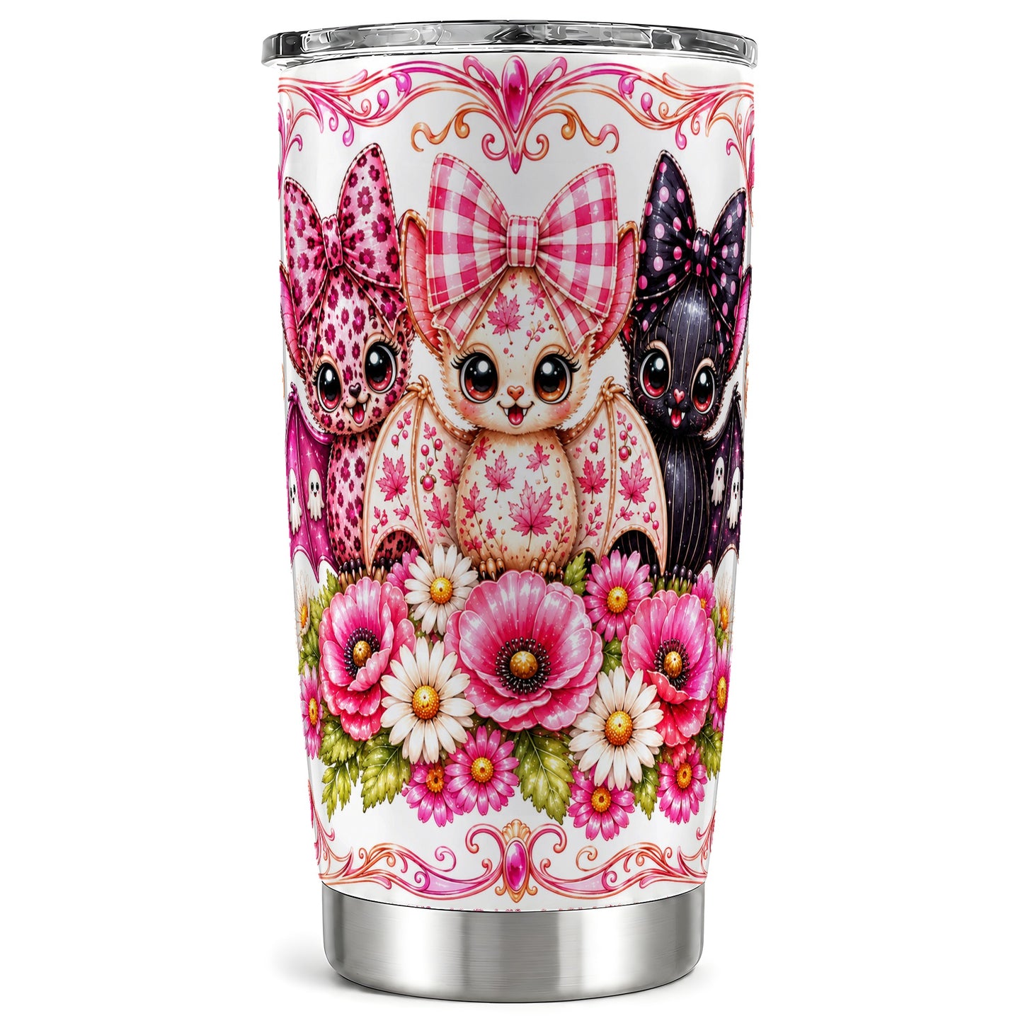#pl[Steel] Pink Halloween Bats Tumbler 20oz, Bat Tumbler, Stainless Steel Travel Cup