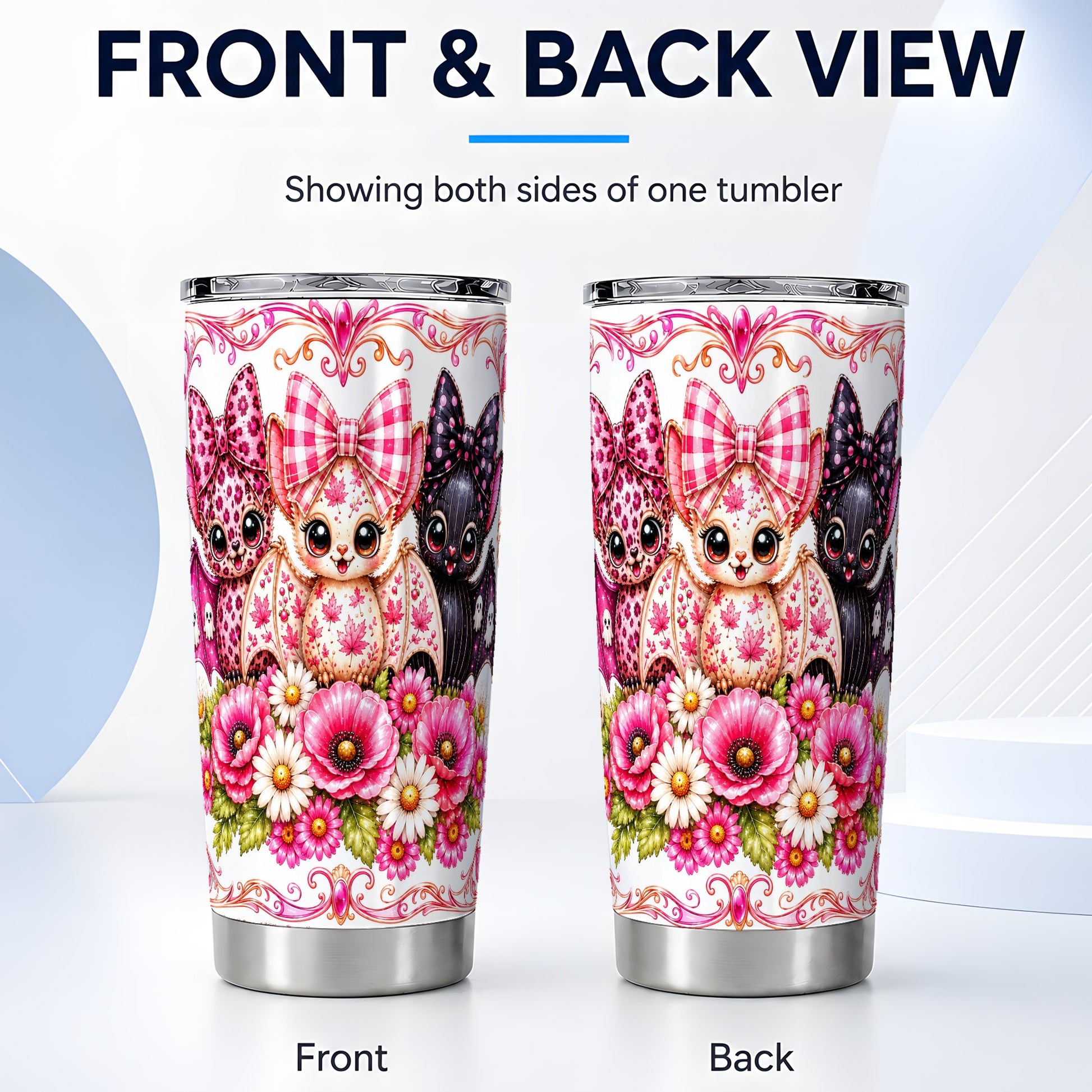 #pl[Steel] Pink Halloween Bats Tumbler 20oz, Bat Tumbler, Stainless Steel Travel Cup