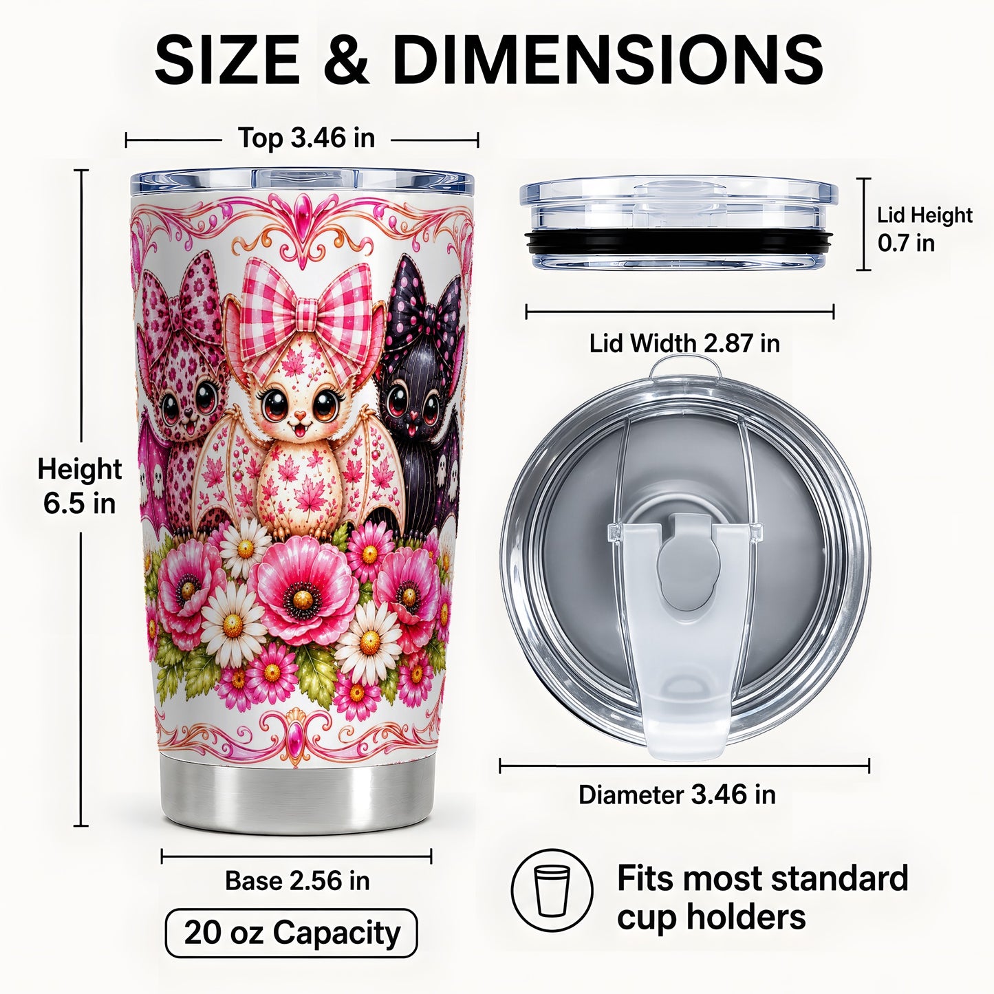 #pl[Steel] Pink Halloween Bats Tumbler 20oz, Bat Tumbler, Stainless Steel Travel Cup