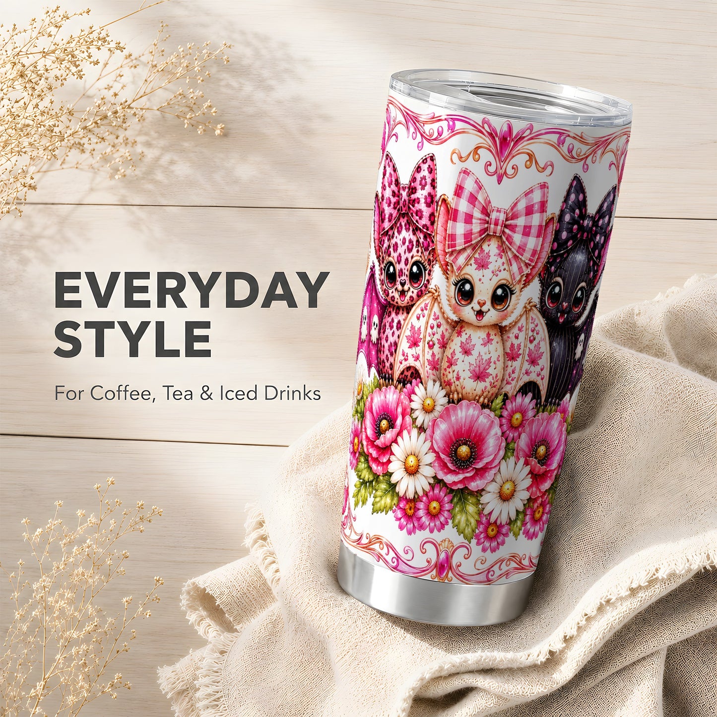#pl[Steel] Pink Halloween Bats Tumbler 20oz, Bat Tumbler, Stainless Steel Travel Cup
