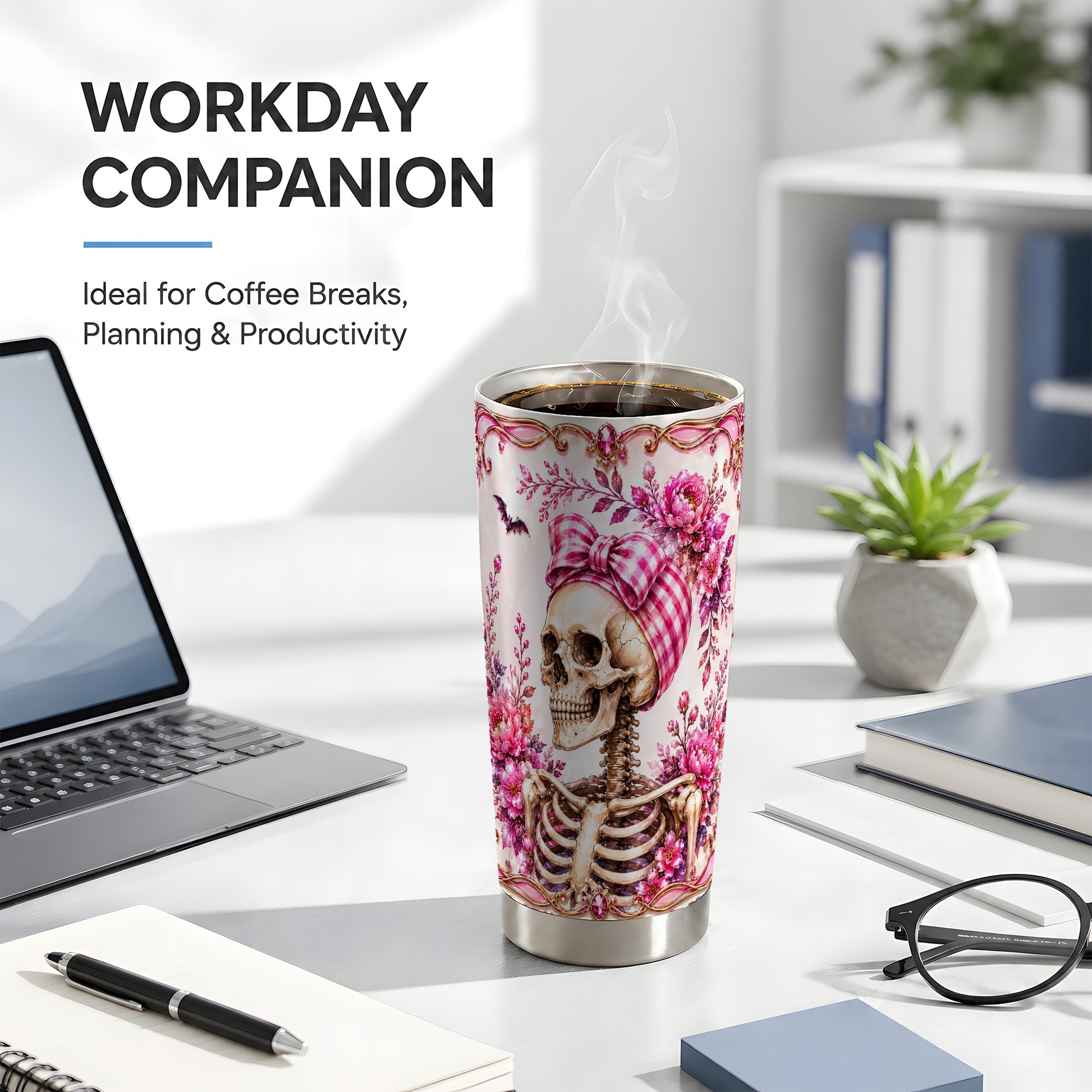 #pl[Steel] Pink Skeleton Tumbler 20oz, Skull Tumbler, Stainless Steel Travel Cup
