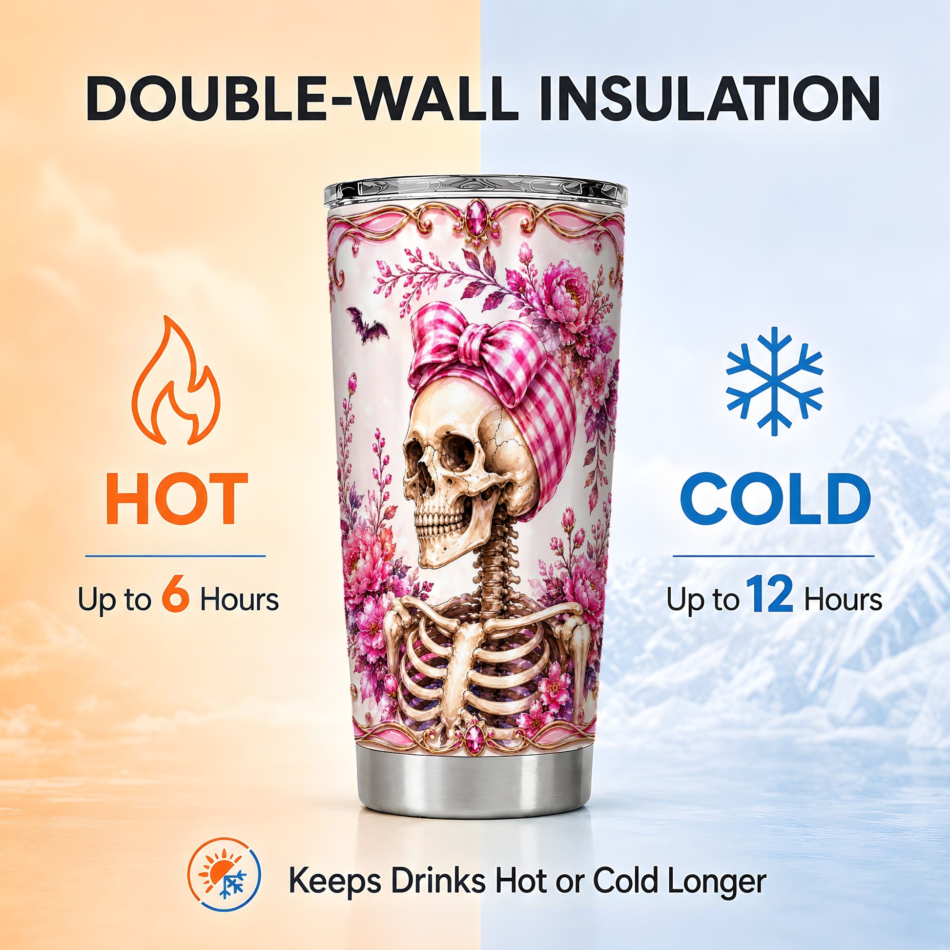 #pl[Steel] Pink Skeleton Tumbler 20oz, Skull Tumbler, Stainless Steel Travel Cup