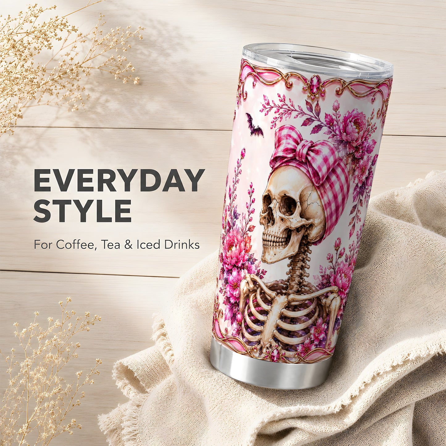 #pl[Steel] Pink Skeleton Tumbler 20oz, Skull Tumbler, Stainless Steel Travel Cup