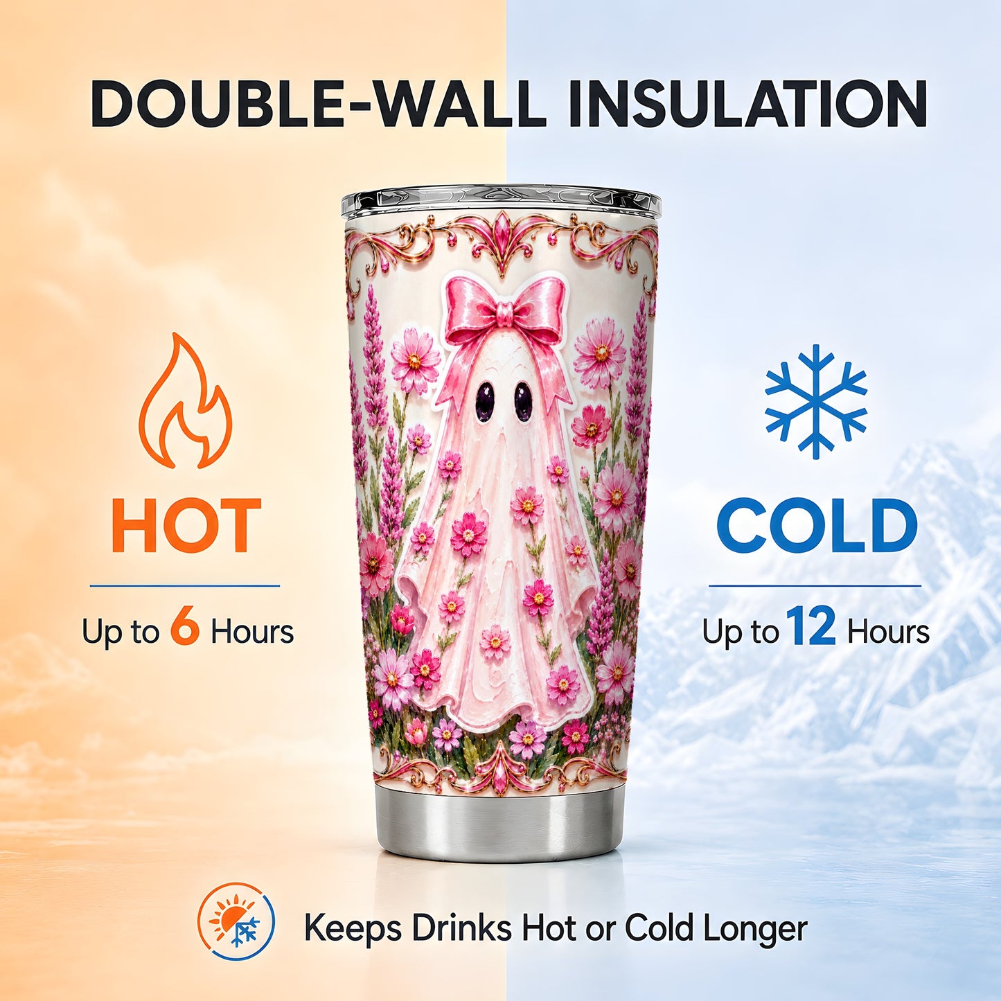 #pl[Steel] Pink Floral Ghost Tumbler 20oz, Ghost Tumbler, Stainless Steel Travel Cup
