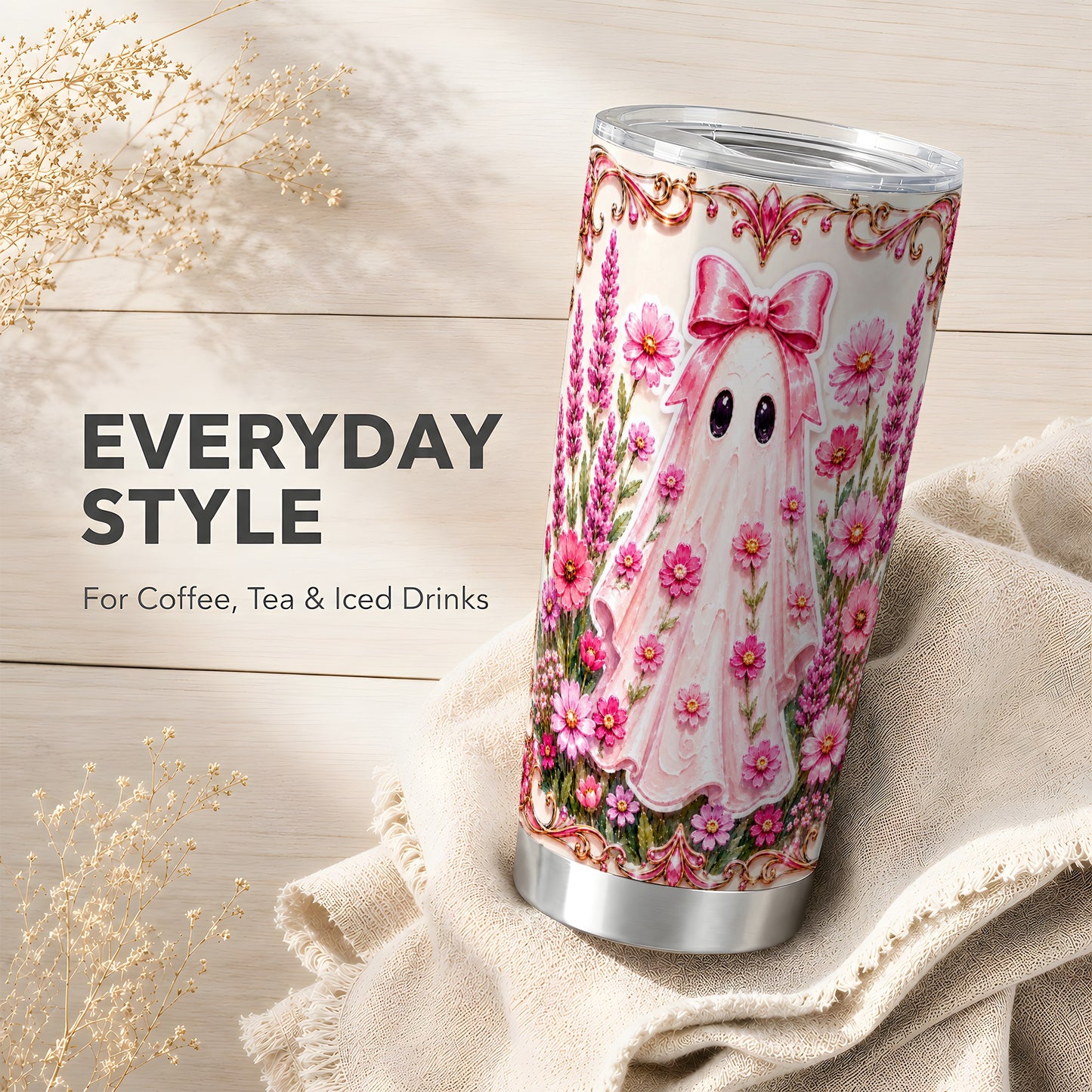 #pl[Steel] Pink Floral Ghost Tumbler 20oz, Ghost Tumbler, Stainless Steel Travel Cup