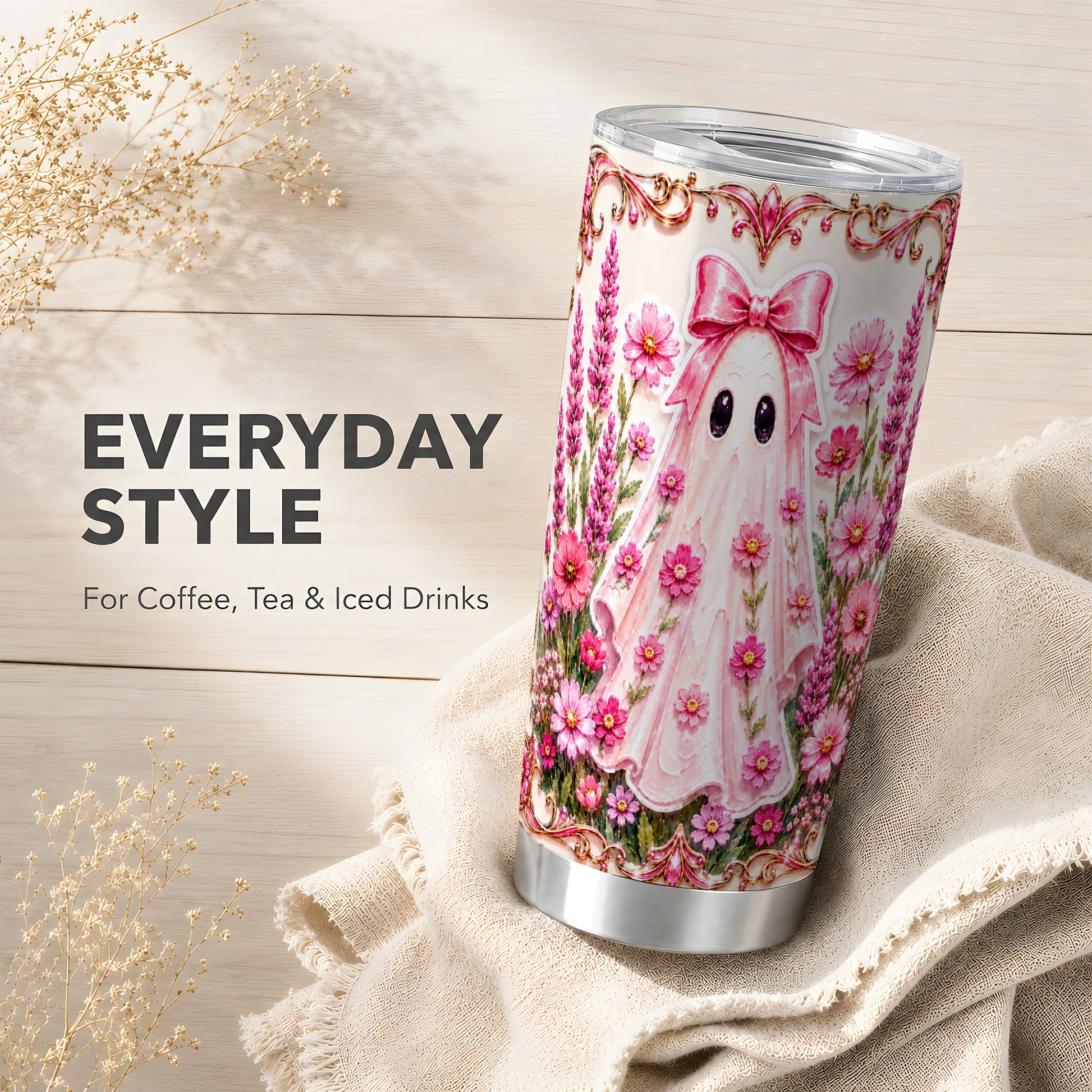 #pl[Steel] Pink Floral Ghost Tumbler 20oz, Ghost Tumbler, Stainless Steel Travel Cup