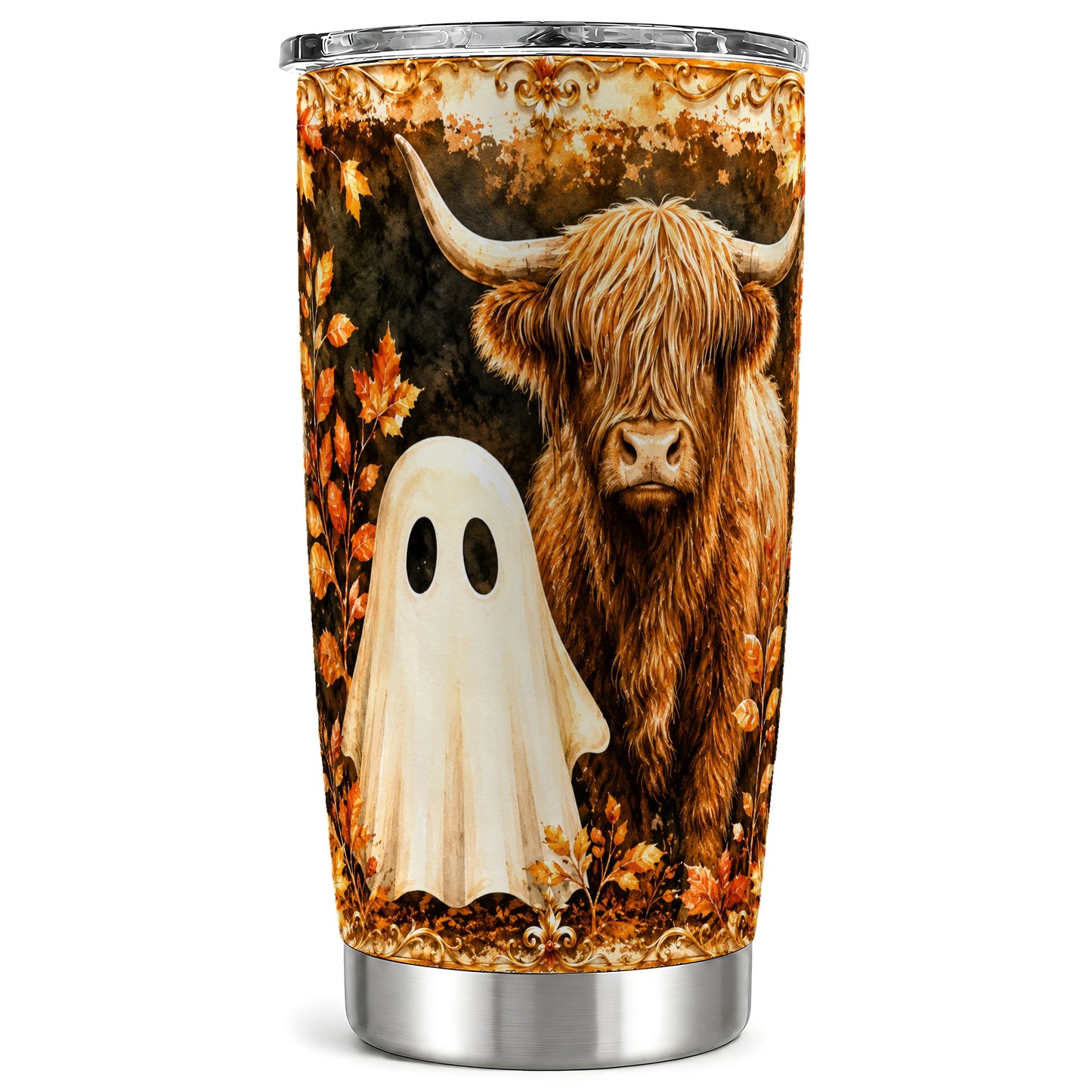 #pl[Steel] Highland Cow Ghost Tumbler 20oz, Autumn Tumbler, Stainless Steel Travel Cup