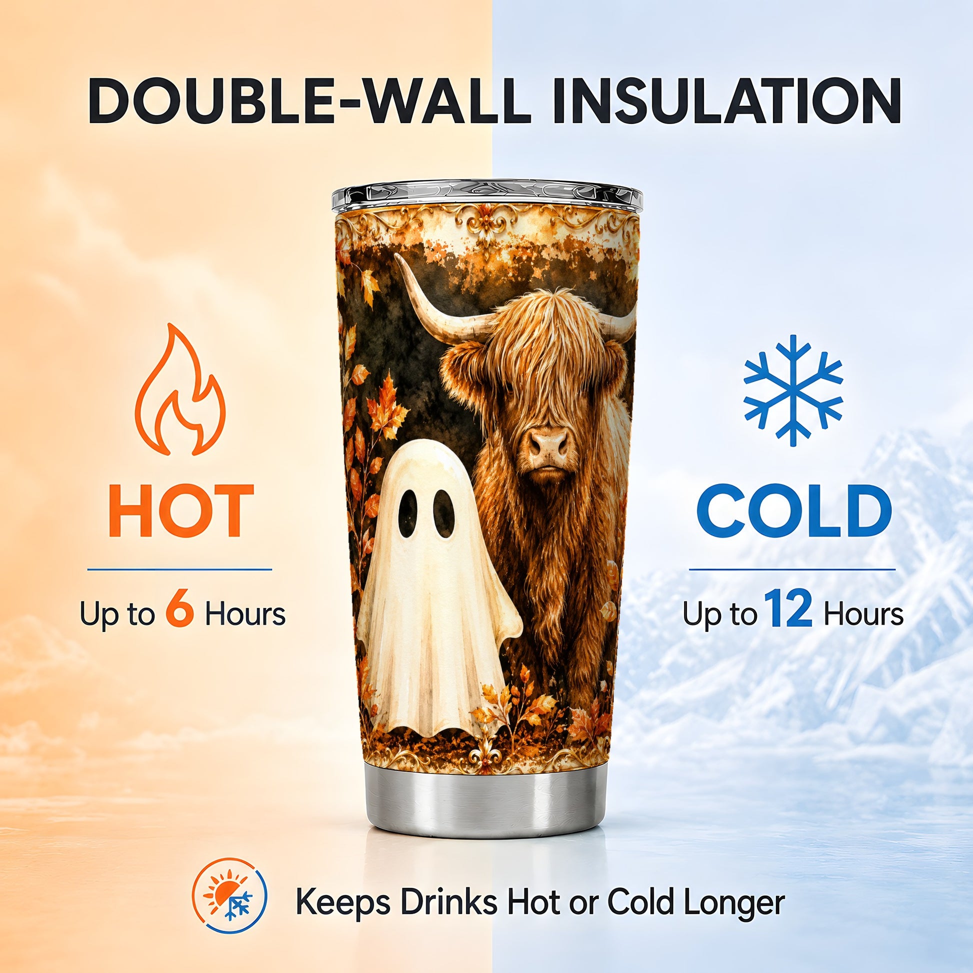 #pl[Steel] Highland Cow Ghost Tumbler 20oz, Autumn Tumbler, Stainless Steel Travel Cup