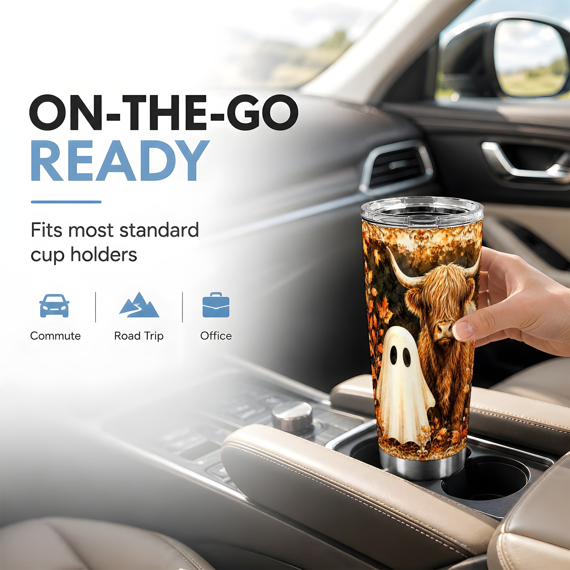 #pl[Steel] Highland Cow Ghost Tumbler 20oz, Autumn Tumbler, Stainless Steel Travel Cup