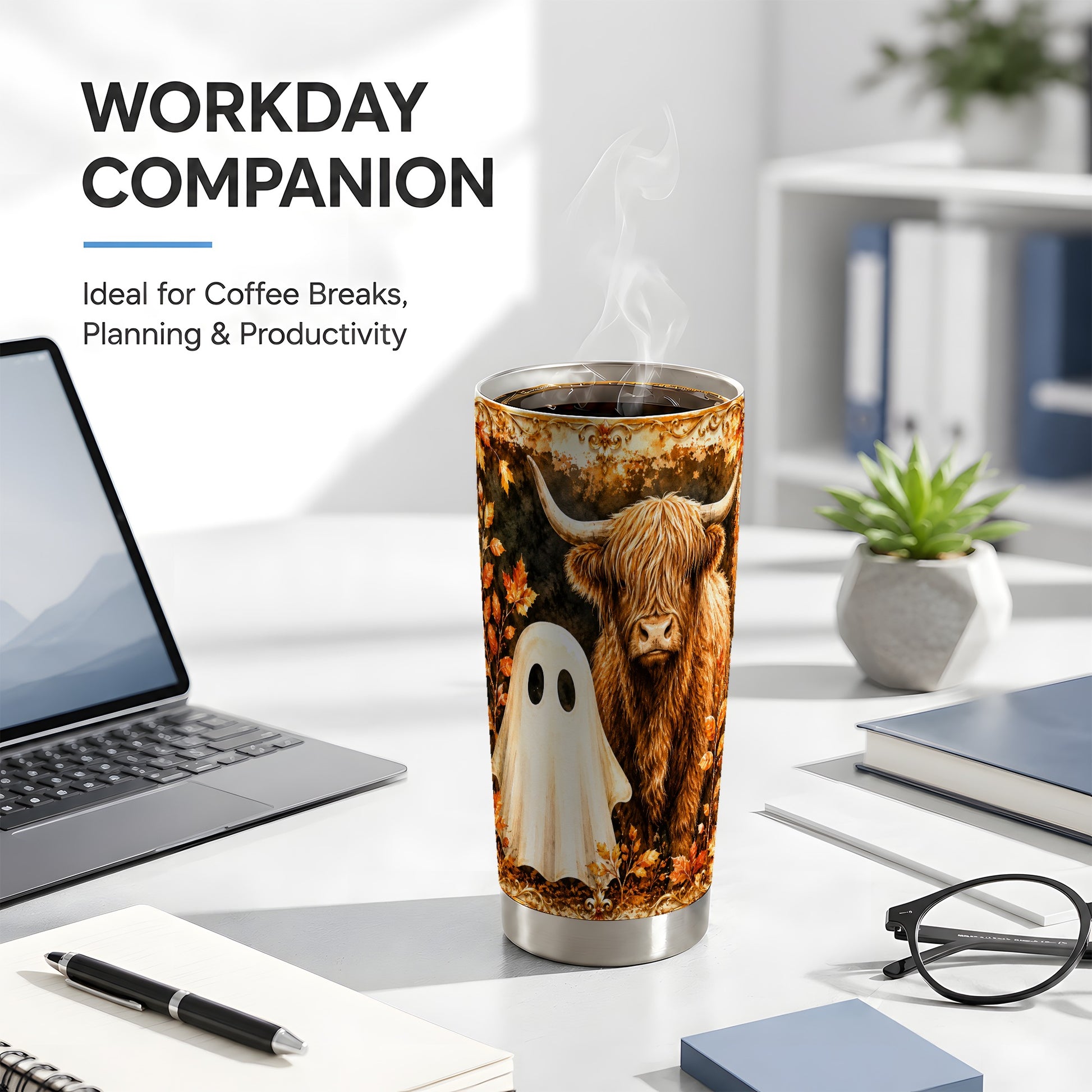 #pl[Steel] Highland Cow Ghost Tumbler 20oz, Autumn Tumbler, Stainless Steel Travel Cup