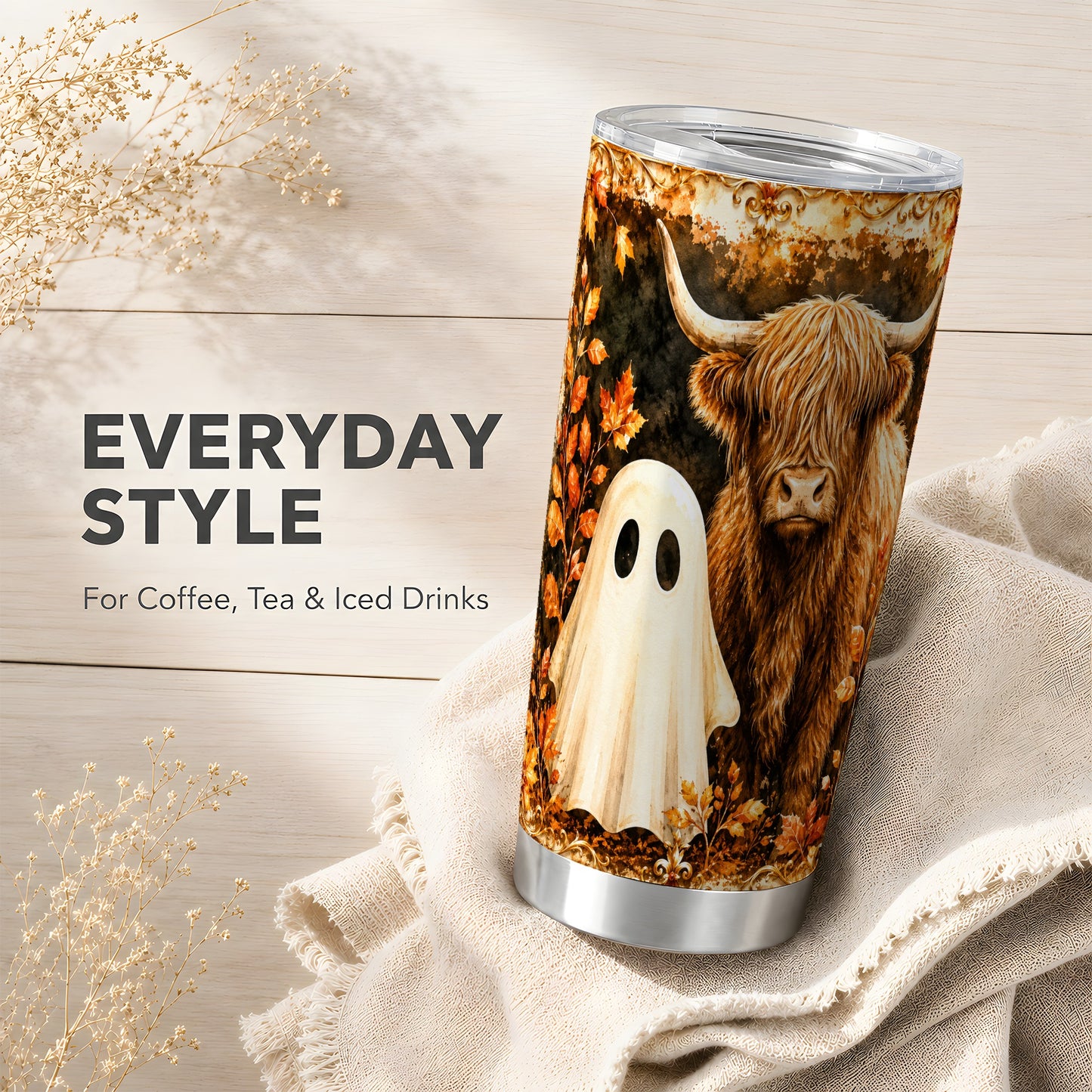 #pl[Steel] Highland Cow Ghost Tumbler 20oz, Autumn Tumbler, Stainless Steel Travel Cup