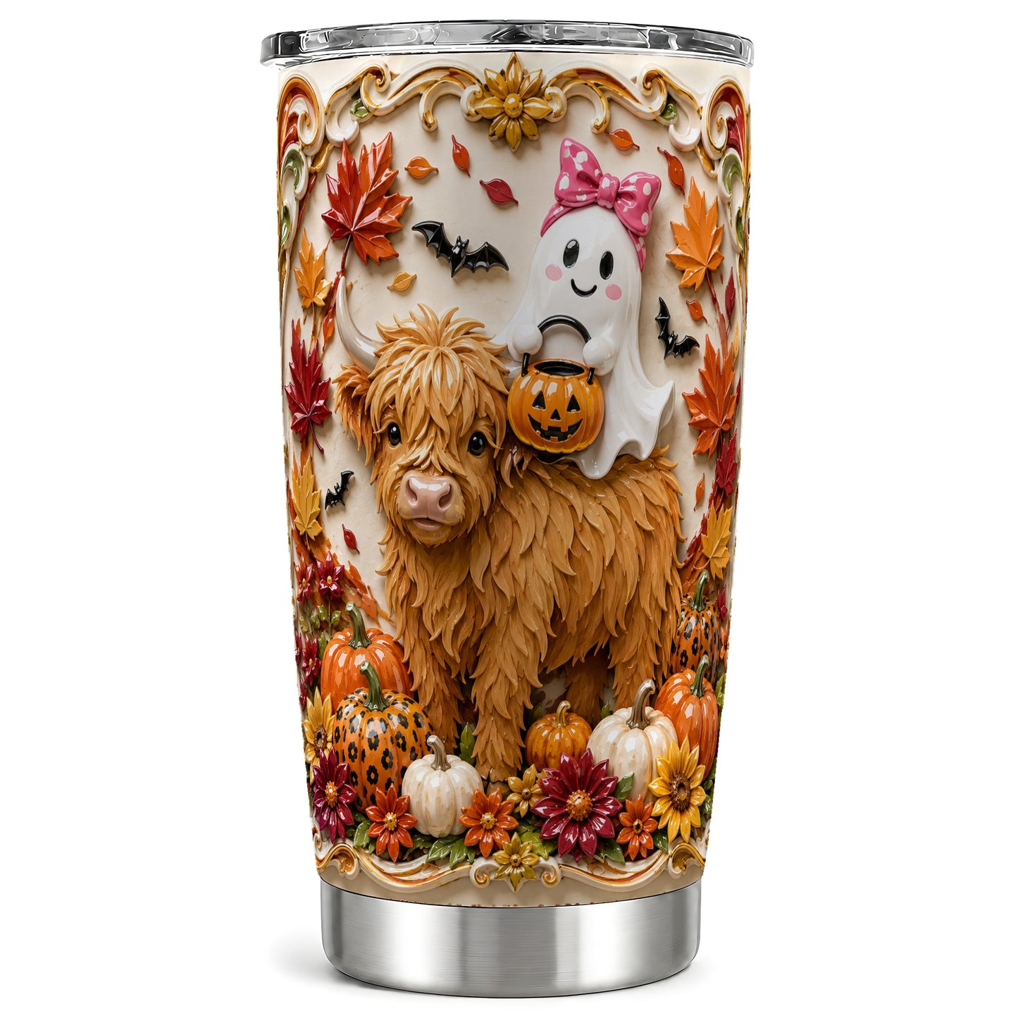 #pl[Steel] Highland Cow Ghost Tumbler 20oz, Autumn Tumbler, Stainless Steel Travel Cup