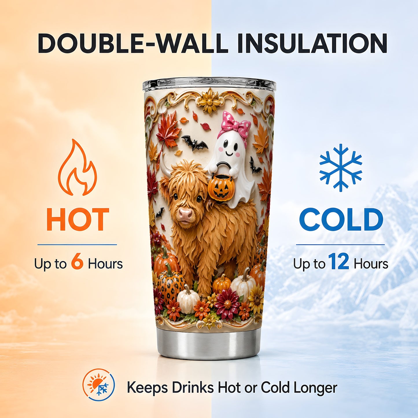 #pl[Steel] Highland Cow Ghost Tumbler 20oz, Autumn Tumbler, Stainless Steel Travel Cup