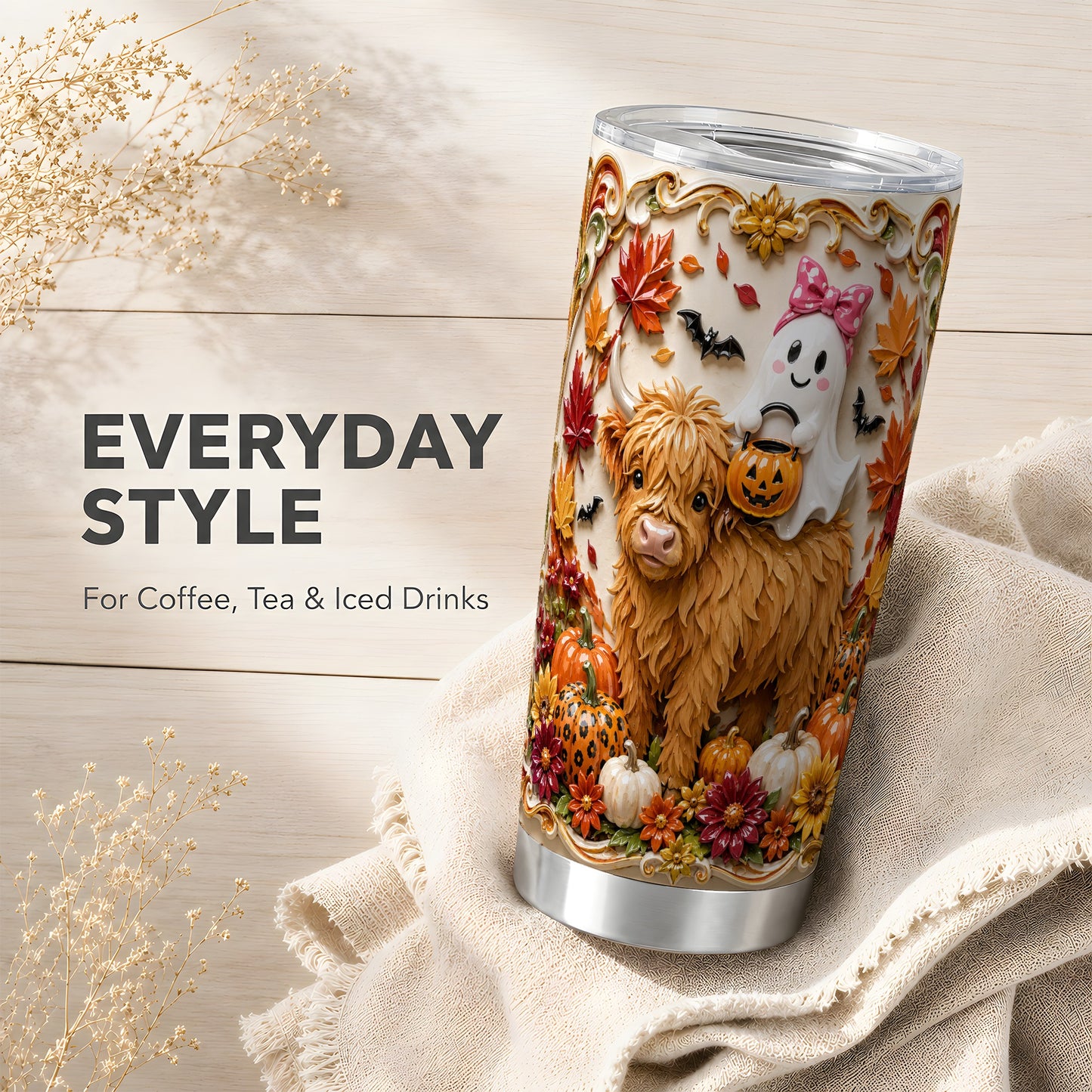#pl[Steel] Highland Cow Ghost Tumbler 20oz, Autumn Tumbler, Stainless Steel Travel Cup
