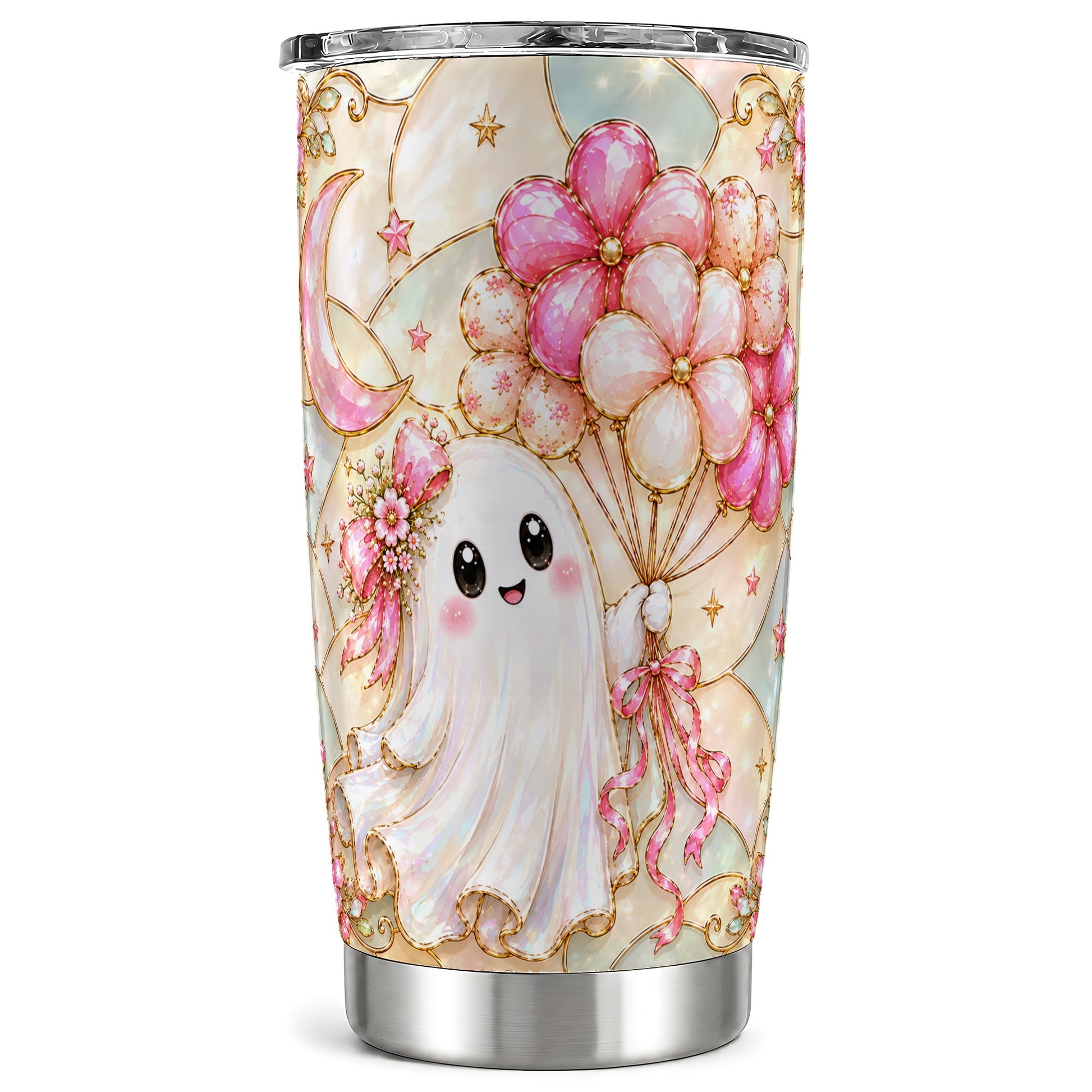 #pl[Steel] Pink Ghost Tumbler 20oz, Floral Tumbler, Stainless Steel Travel Cup