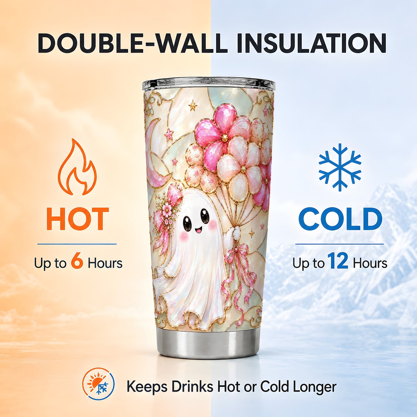 #pl[Steel] Pink Ghost Tumbler 20oz, Floral Tumbler, Stainless Steel Travel Cup
