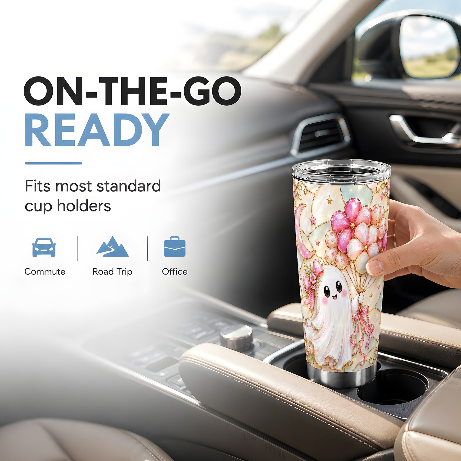 #pl[Steel] Pink Ghost Tumbler 20oz, Floral Tumbler, Stainless Steel Travel Cup