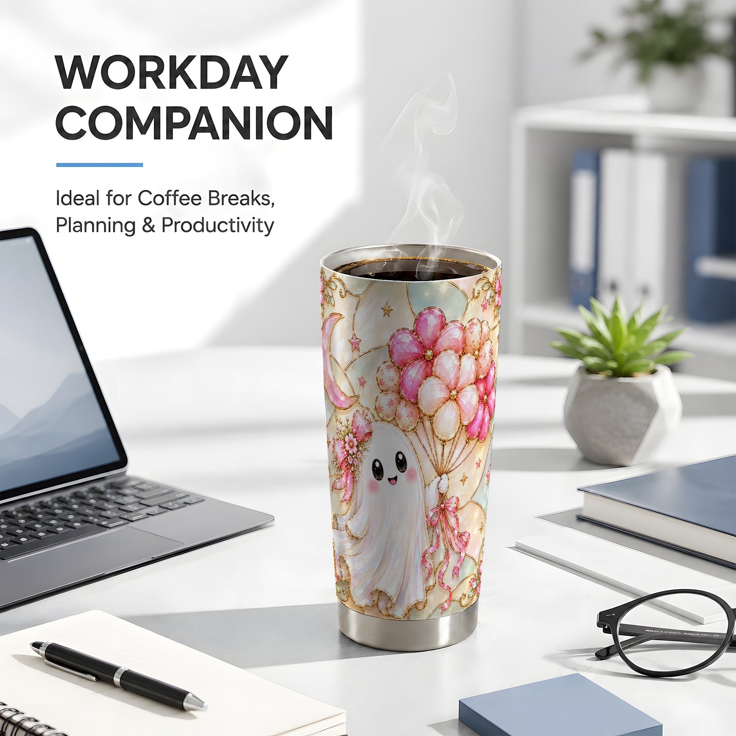 #pl[Steel] Pink Ghost Tumbler 20oz, Floral Tumbler, Stainless Steel Travel Cup