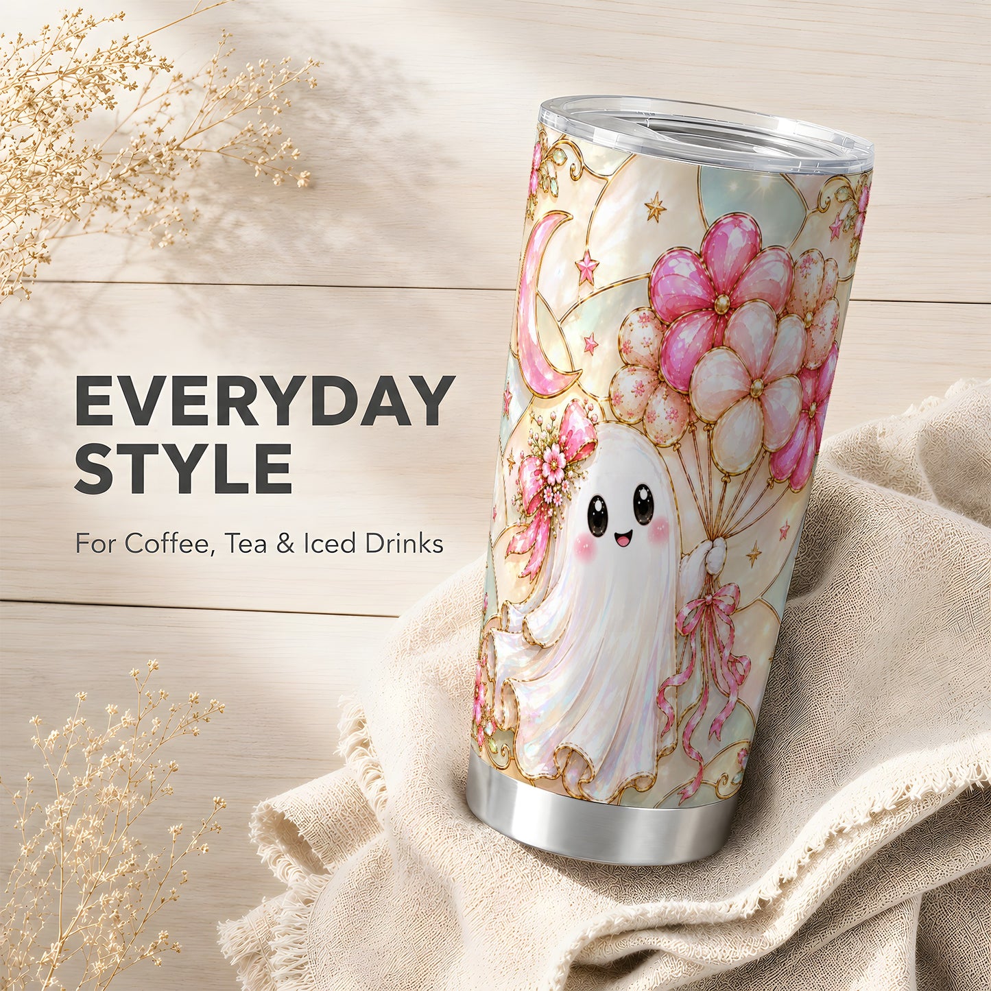 #pl[Steel] Pink Ghost Tumbler 20oz, Floral Tumbler, Stainless Steel Travel Cup