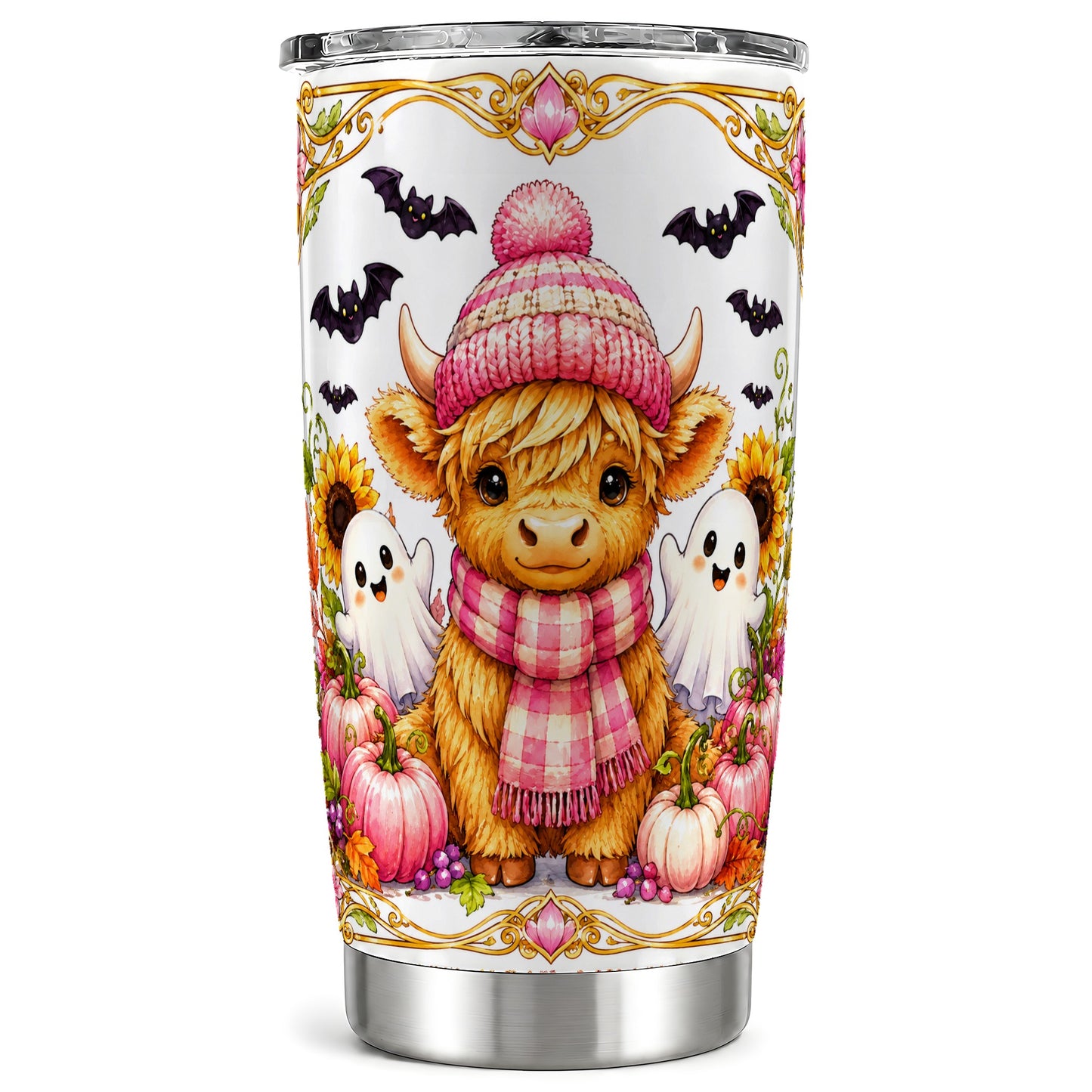 #pl[Steel] Cute Highland Cow Ghost Tumbler 20oz, Pink Pumpkin Tumbler, Travel Cup