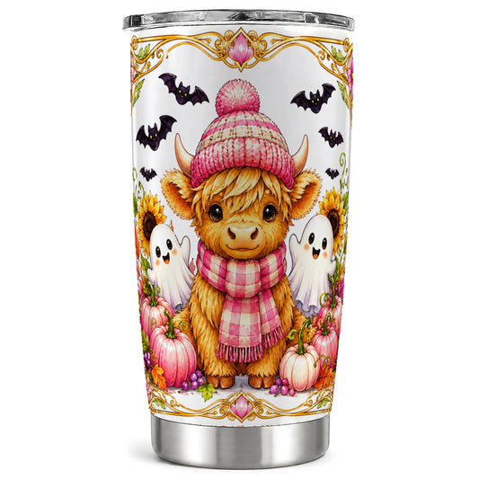#pl[Steel] Cute Highland Cow Ghost Tumbler 20oz, Pink Pumpkin Tumbler, Travel Cup