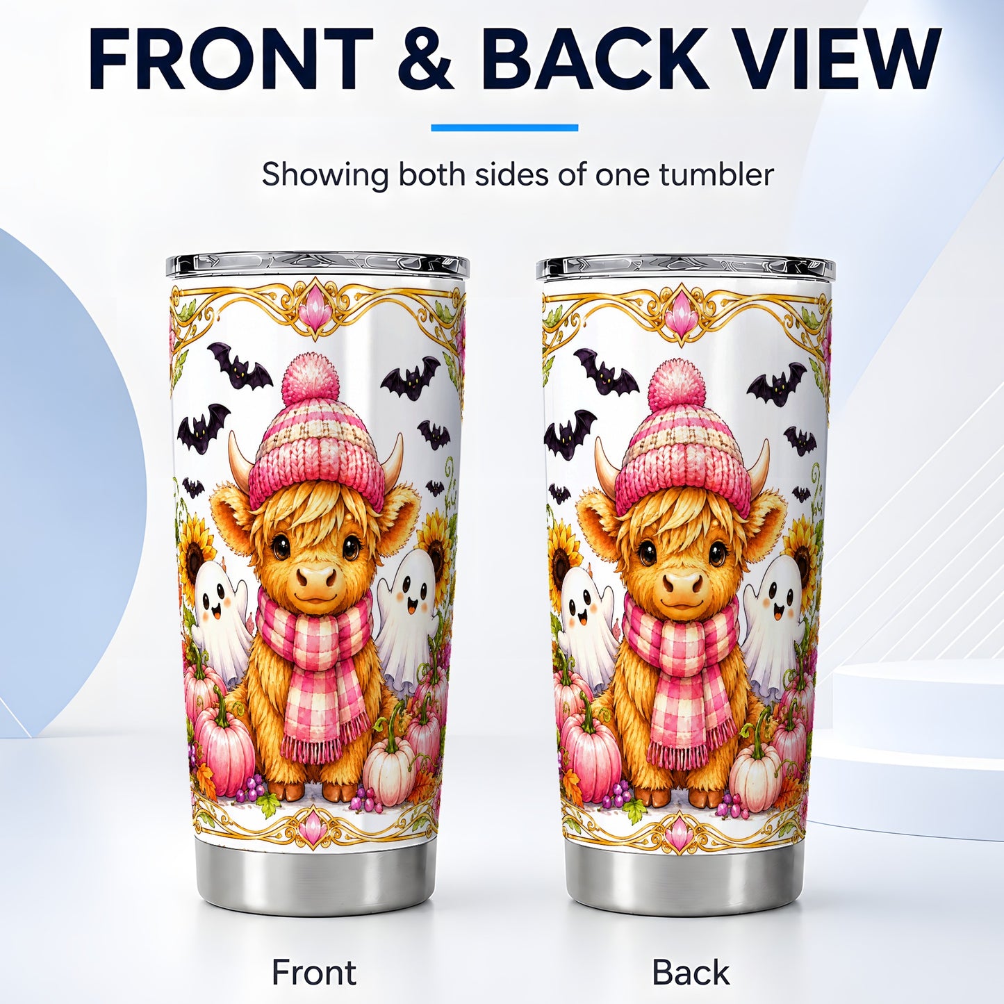 #pl[Steel] Cute Highland Cow Ghost Tumbler 20oz, Pink Pumpkin Tumbler, Travel Cup