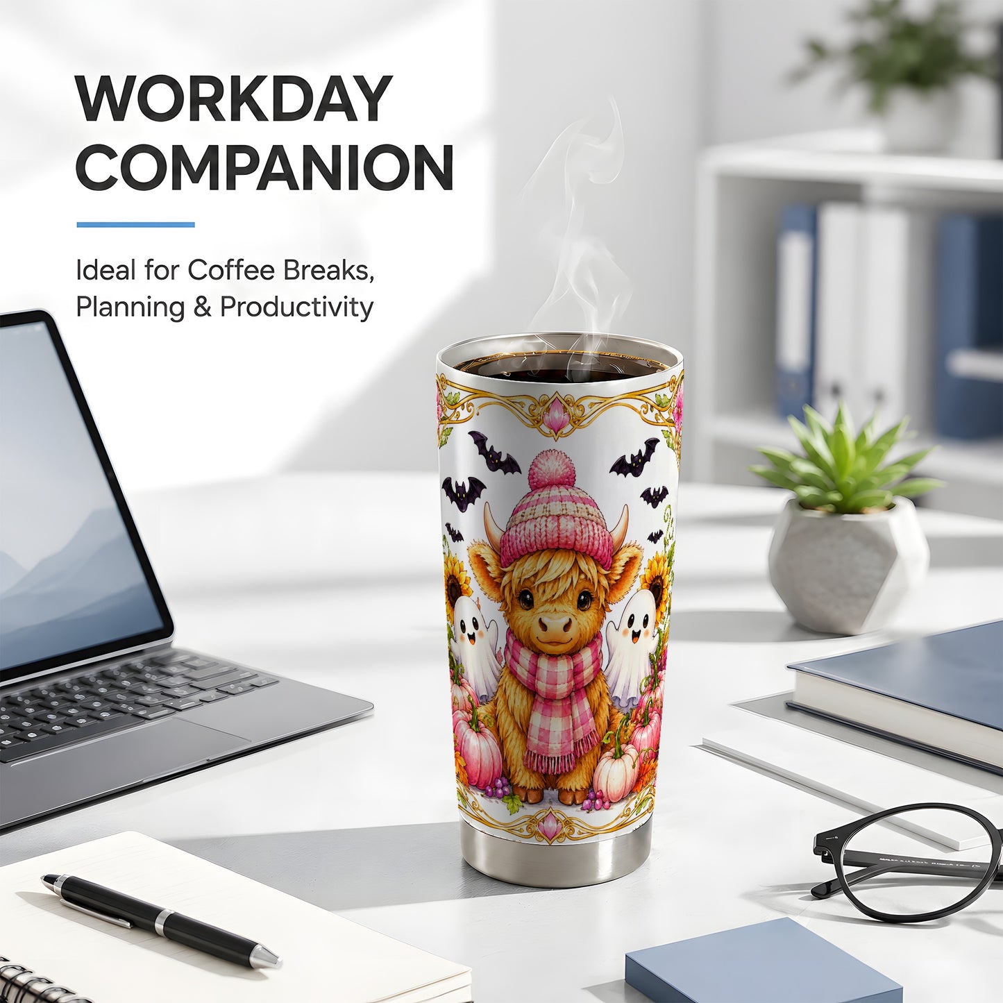 #pl[Steel] Cute Highland Cow Ghost Tumbler 20oz, Pink Pumpkin Tumbler, Travel Cup