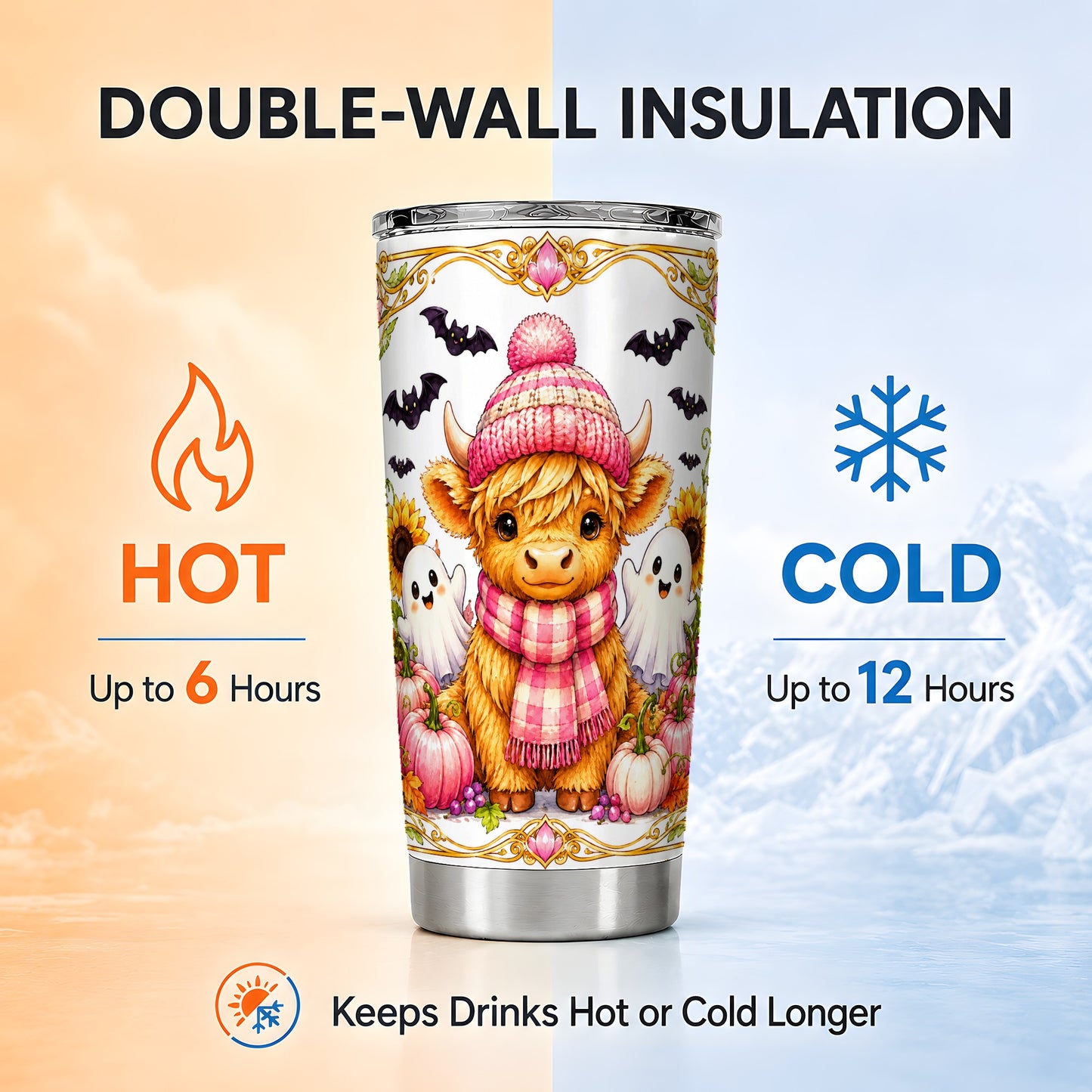 #pl[Steel] Cute Highland Cow Ghost Tumbler 20oz, Pink Pumpkin Tumbler, Travel Cup