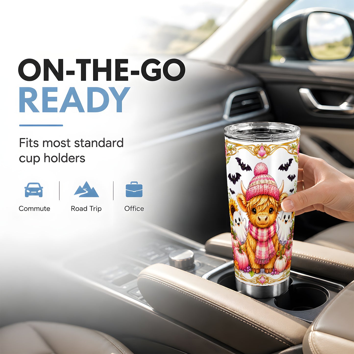 #pl[Steel] Cute Highland Cow Ghost Tumbler 20oz, Pink Pumpkin Tumbler, Travel Cup