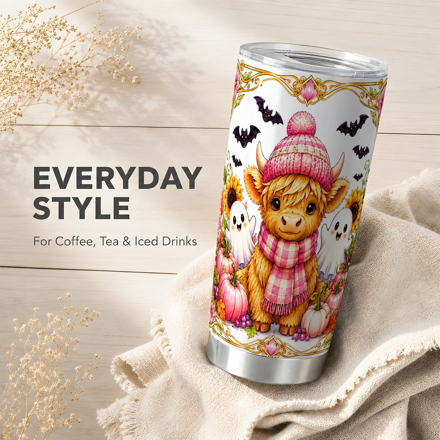 #pl[Steel] Cute Highland Cow Ghost Tumbler 20oz, Pink Pumpkin Tumbler, Travel Cup